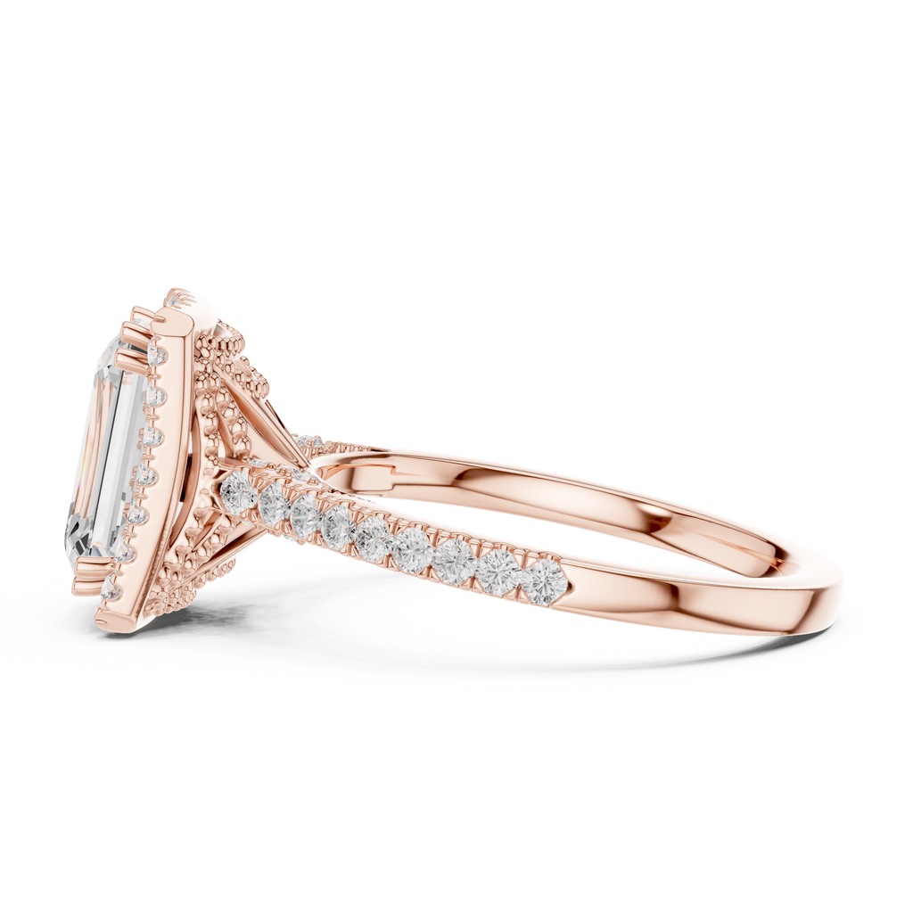 Vintage Emerald Cut Diamond Halo Engagement Ring with Pavé Band