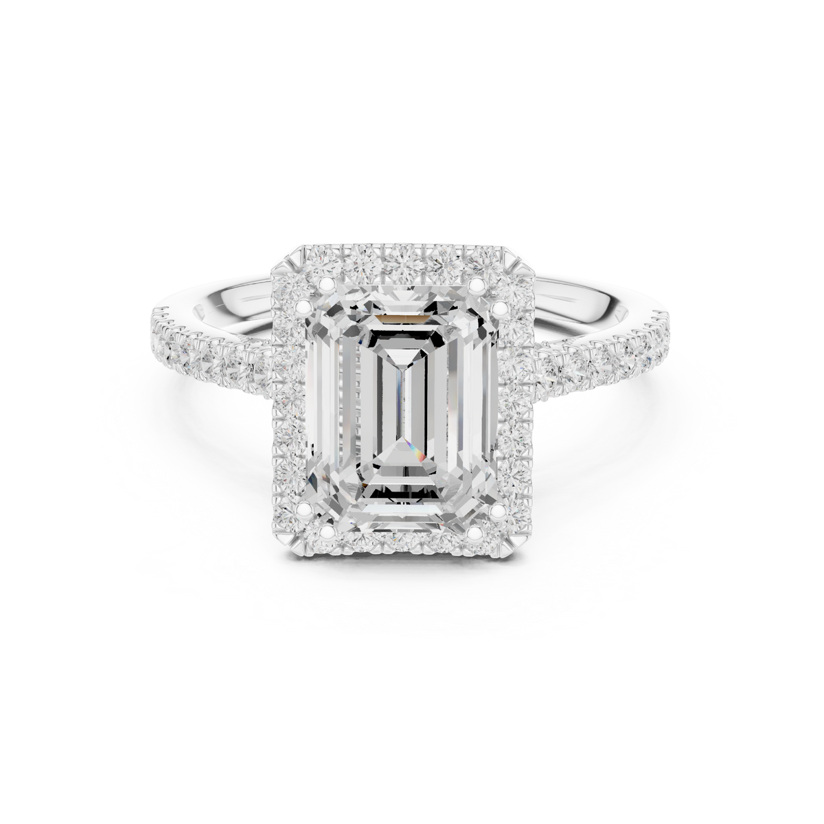 Vintage Emerald Cut Diamond Halo Engagement Ring with Pavé Band — Jewelix Atelier