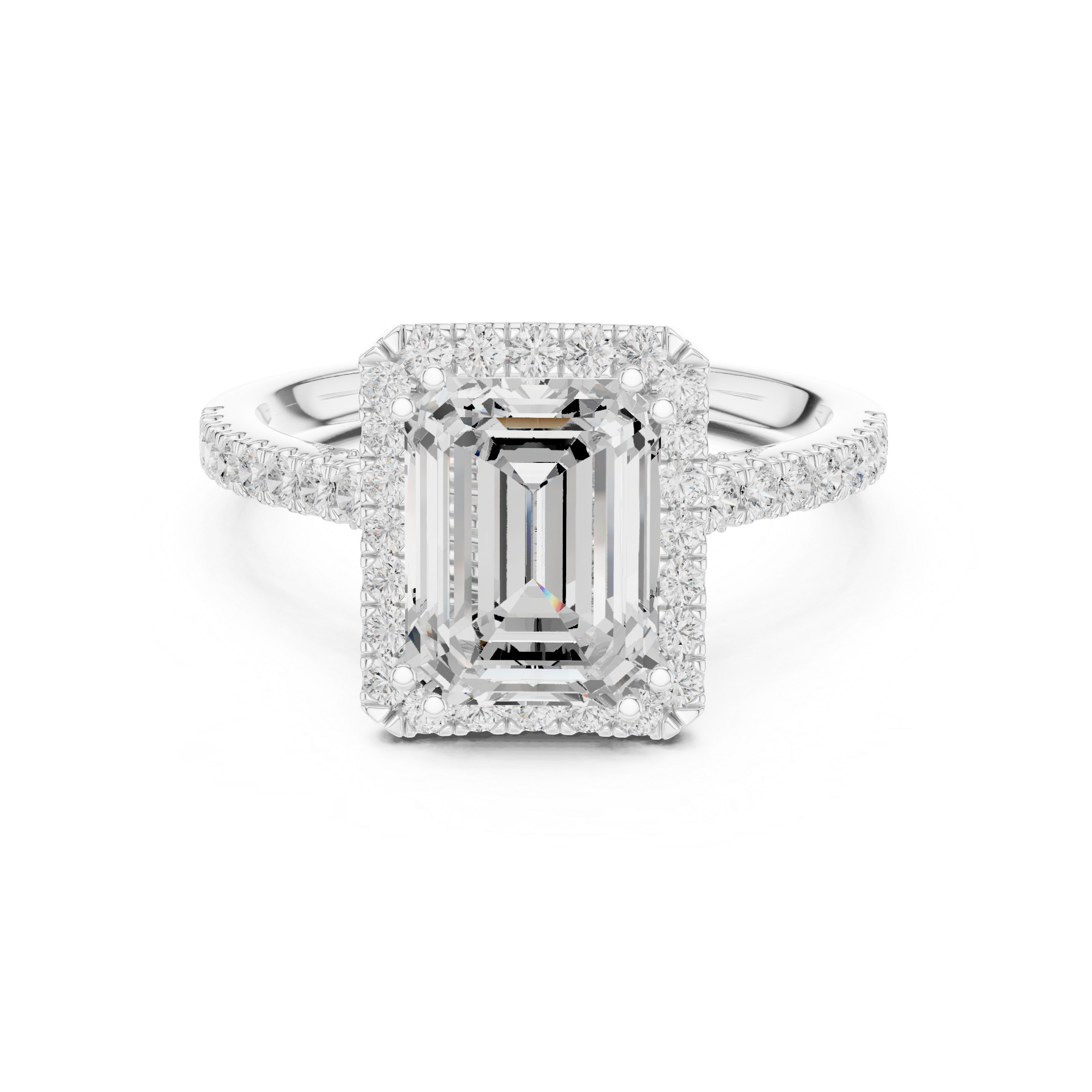 Vintage Emerald Cut Diamond Halo Engagement Ring with Pavé Band