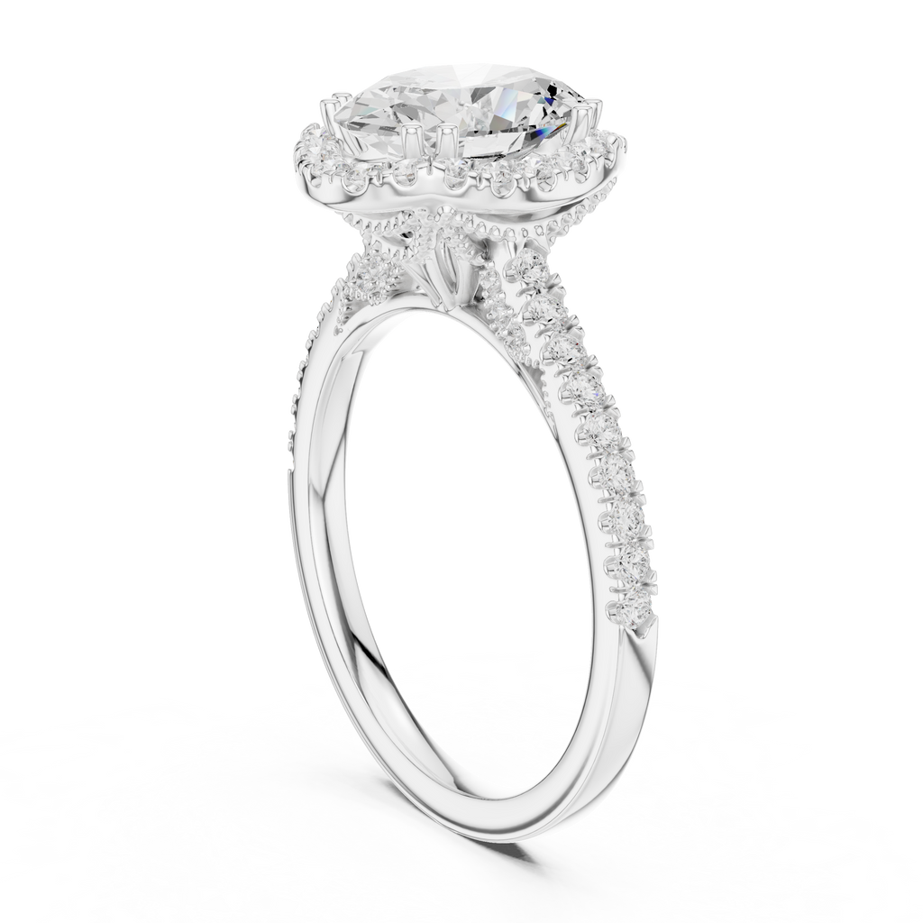 Vintage Oval Diamond Halo Engagement Ring with Pavé Band