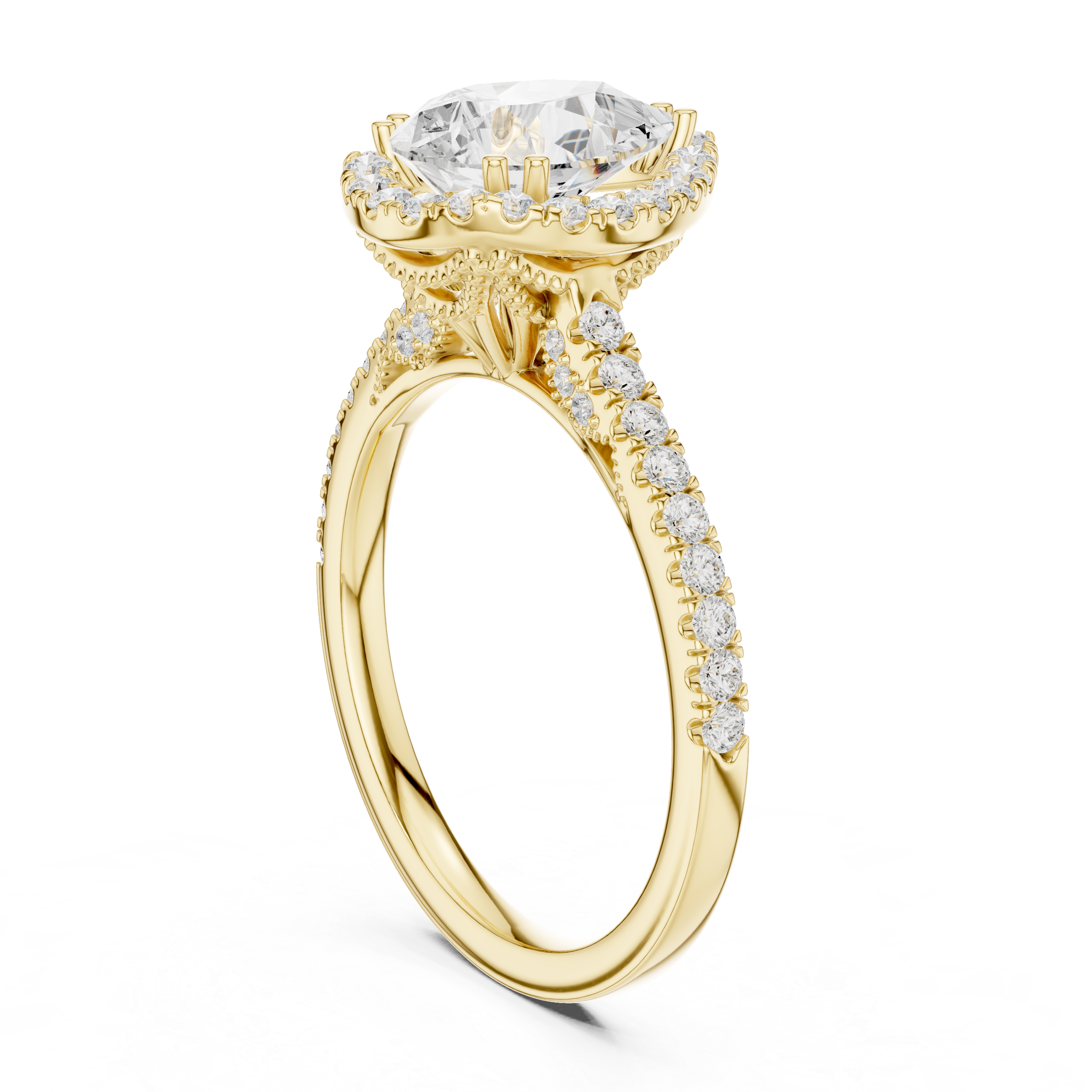 Vintage Pear Cut Diamond Halo Engagement Ring with Pavé Band