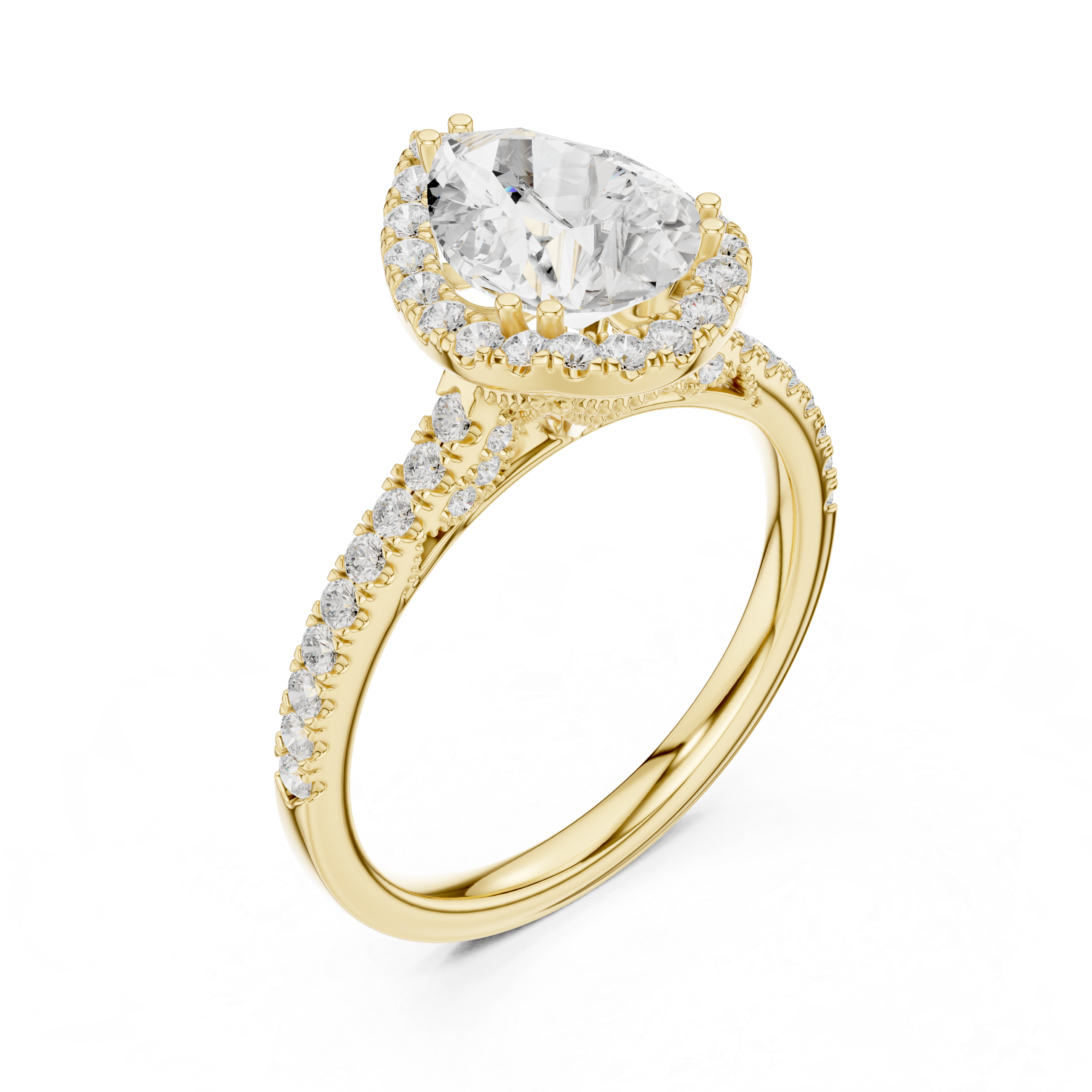 Vintage Pear Cut Diamond Halo Engagement Ring with Pavé Band