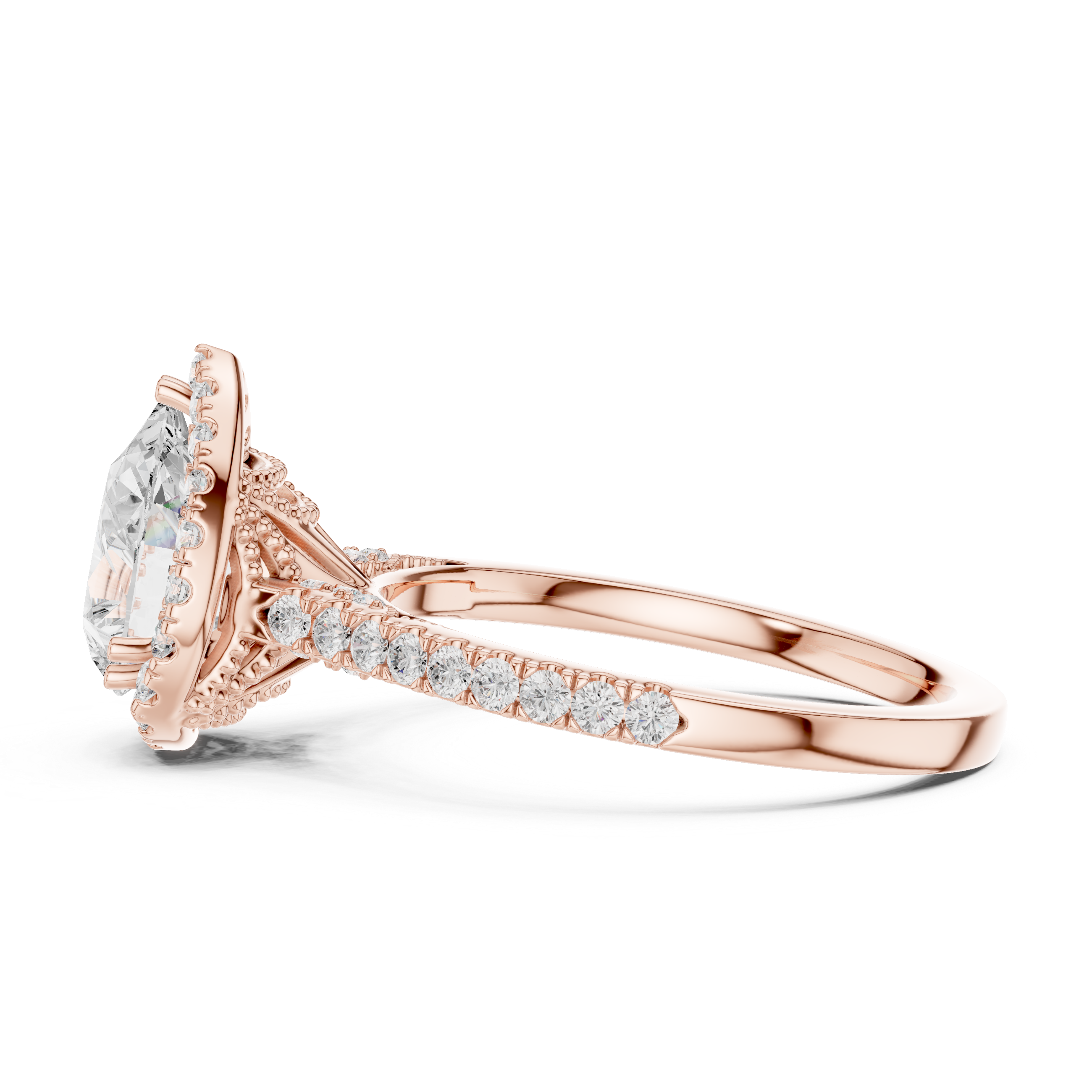 Vintage Pear Cut Diamond Halo Engagement Ring with Pavé Band
