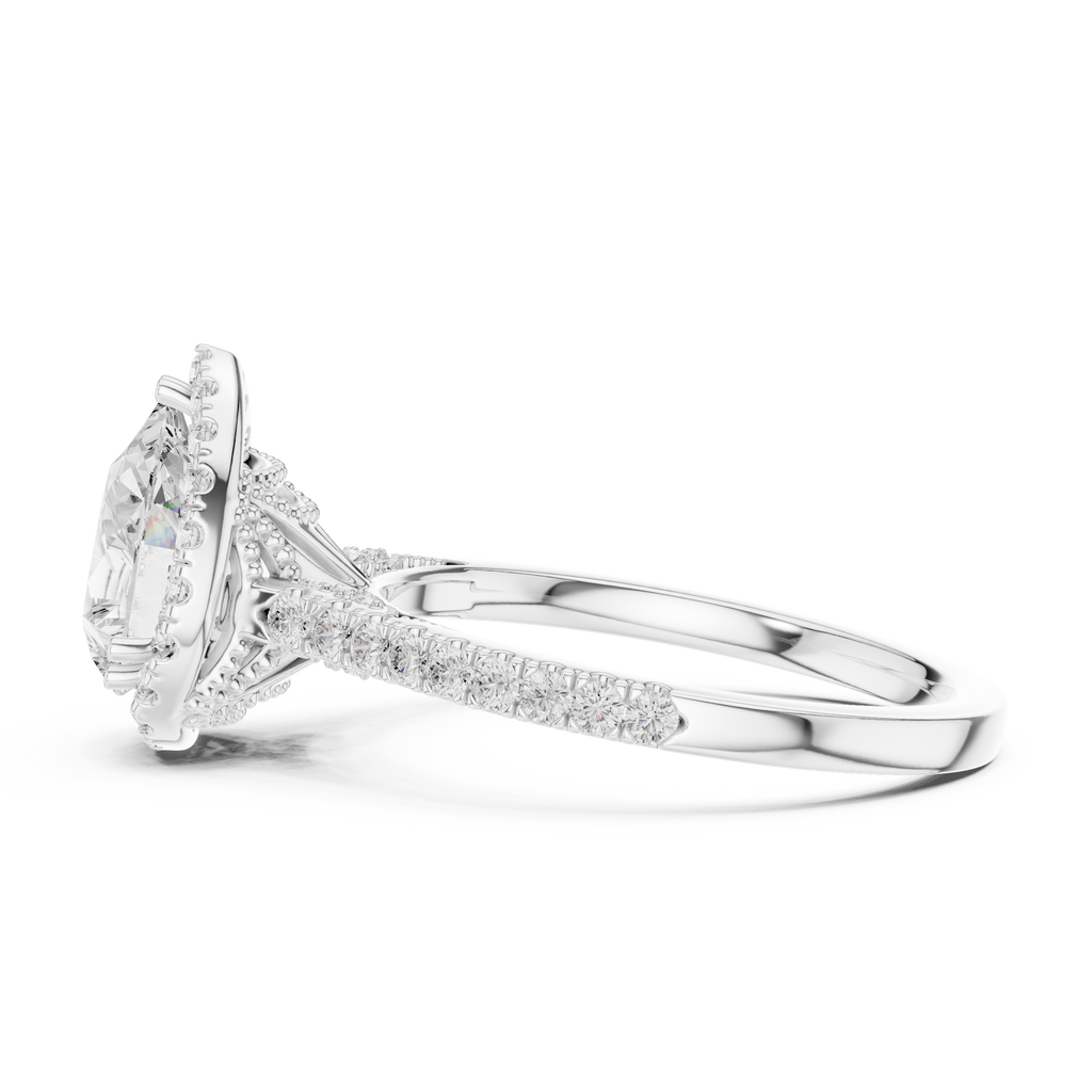 Vintage Pear Cut Diamond Halo Engagement Ring with Pavé Band