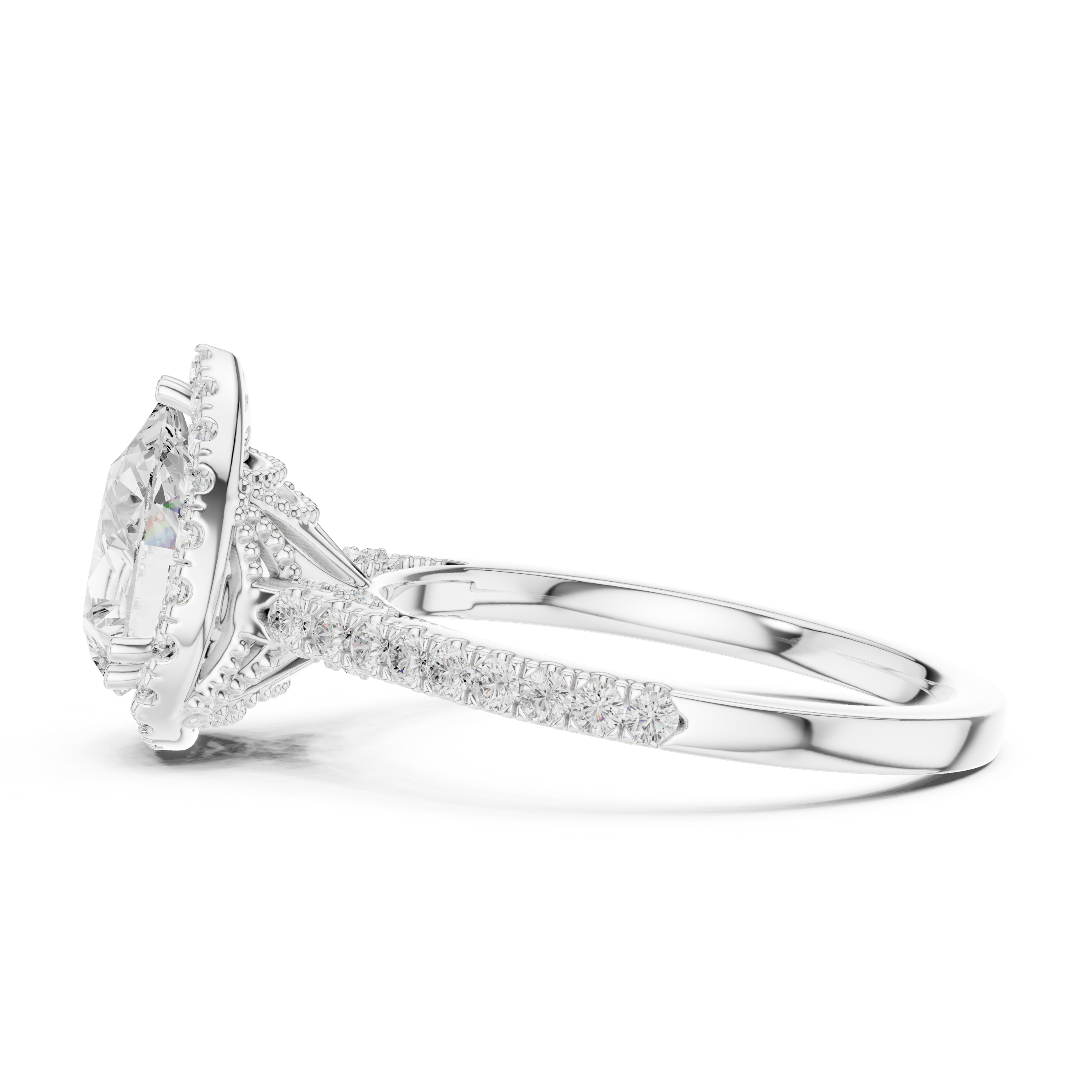 Vintage Pear Cut Diamond Halo Engagement Ring with Pavé Band