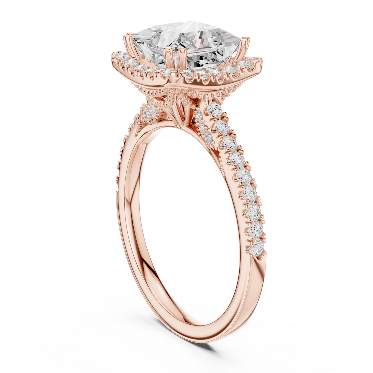 Vintage Princess Cut Diamond Halo Engagement Ring with Pavé Band – view 6 of 12, lab grown diamond band | Jewelix Atelier
