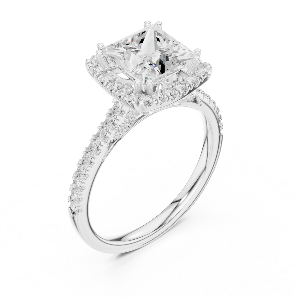 Vintage Princess Cut Diamond Halo Engagement Ring with Pavé Band