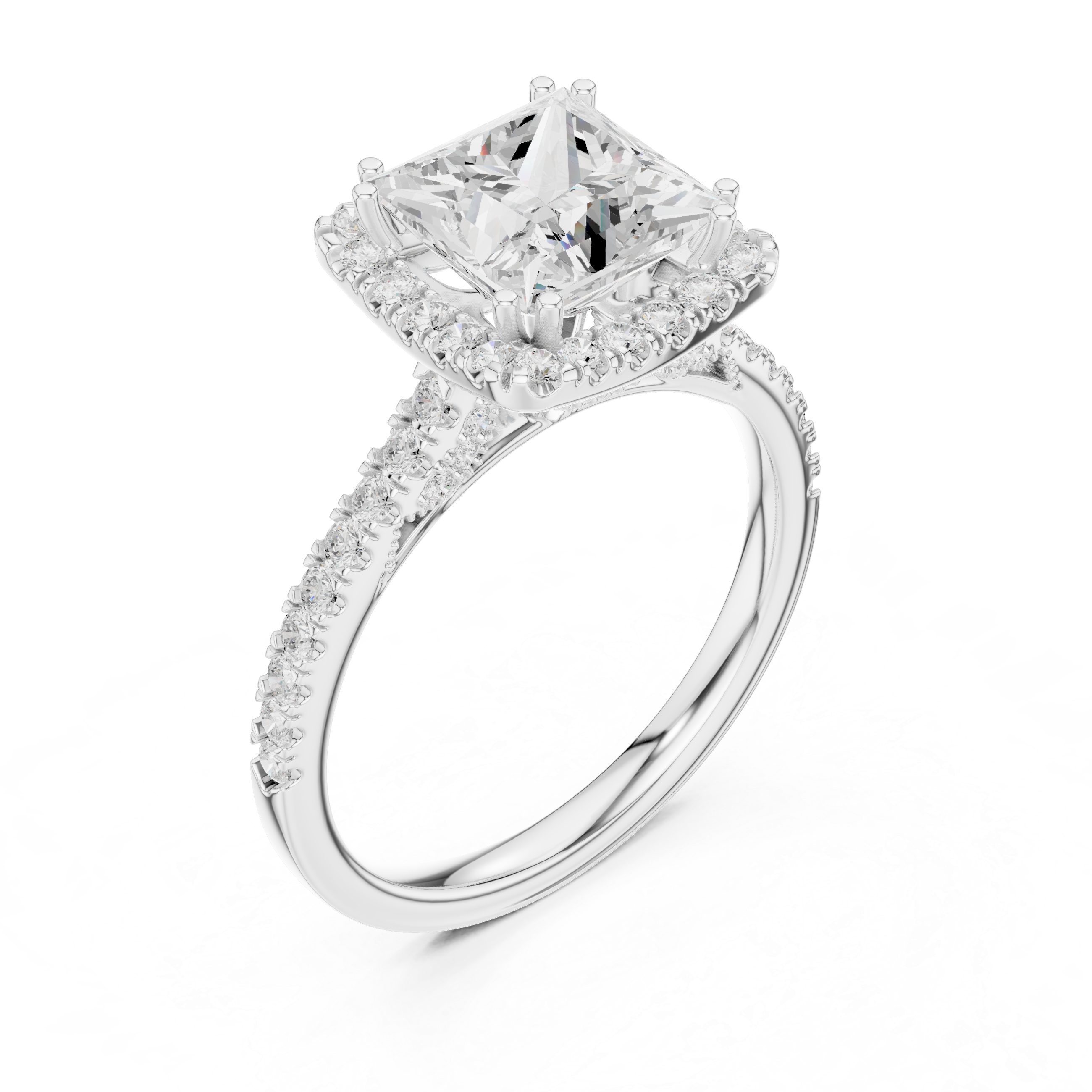 Vintage Princess Cut Diamond Halo Engagement Ring with Pavé Band
