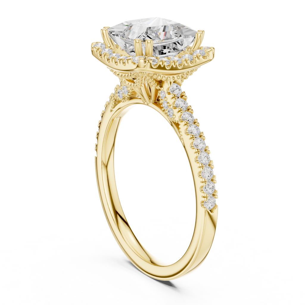 Vintage Princess Cut Diamond Halo Engagement Ring with Pavé Band