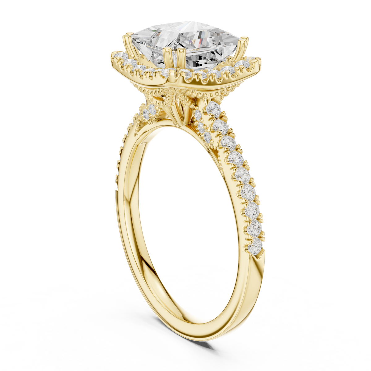 Vintage Princess Cut Diamond Halo Engagement Ring with Pavé Band – view 10 of 12, lab grown diamond band | Jewelix Atelier