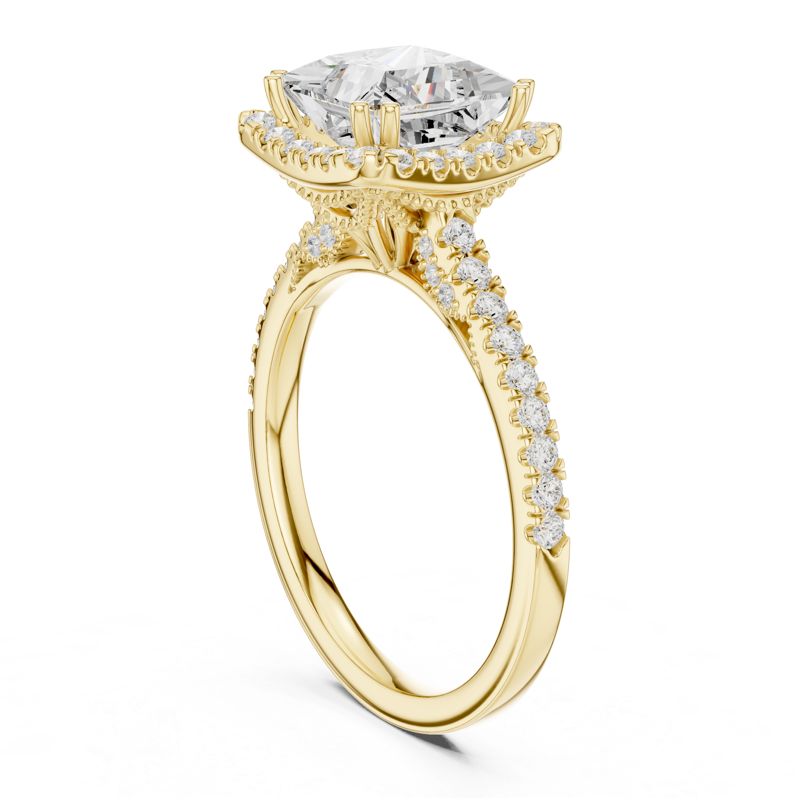 Vintage Princess Cut Diamond Halo Engagement Ring with Pavé Band