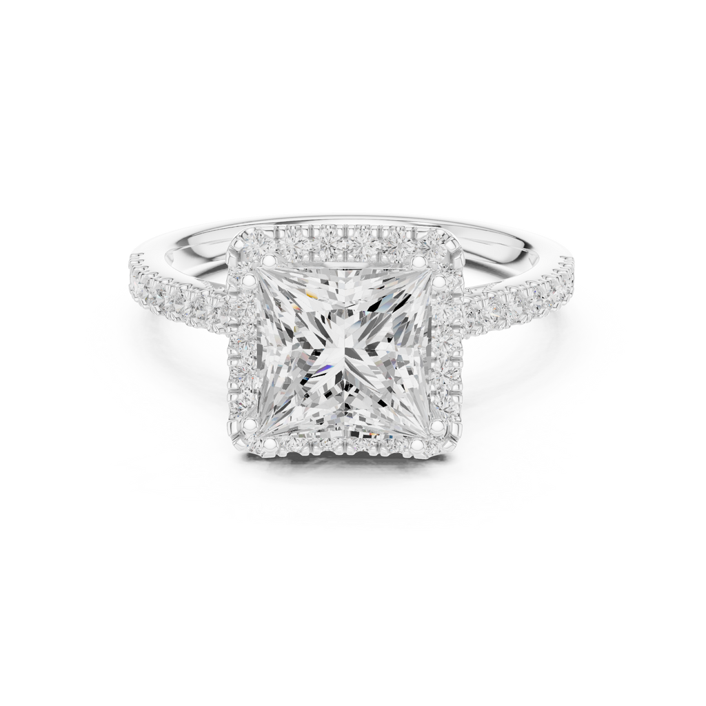 Vintage Princess Cut Diamond Halo Engagement Ring with Pavé Band