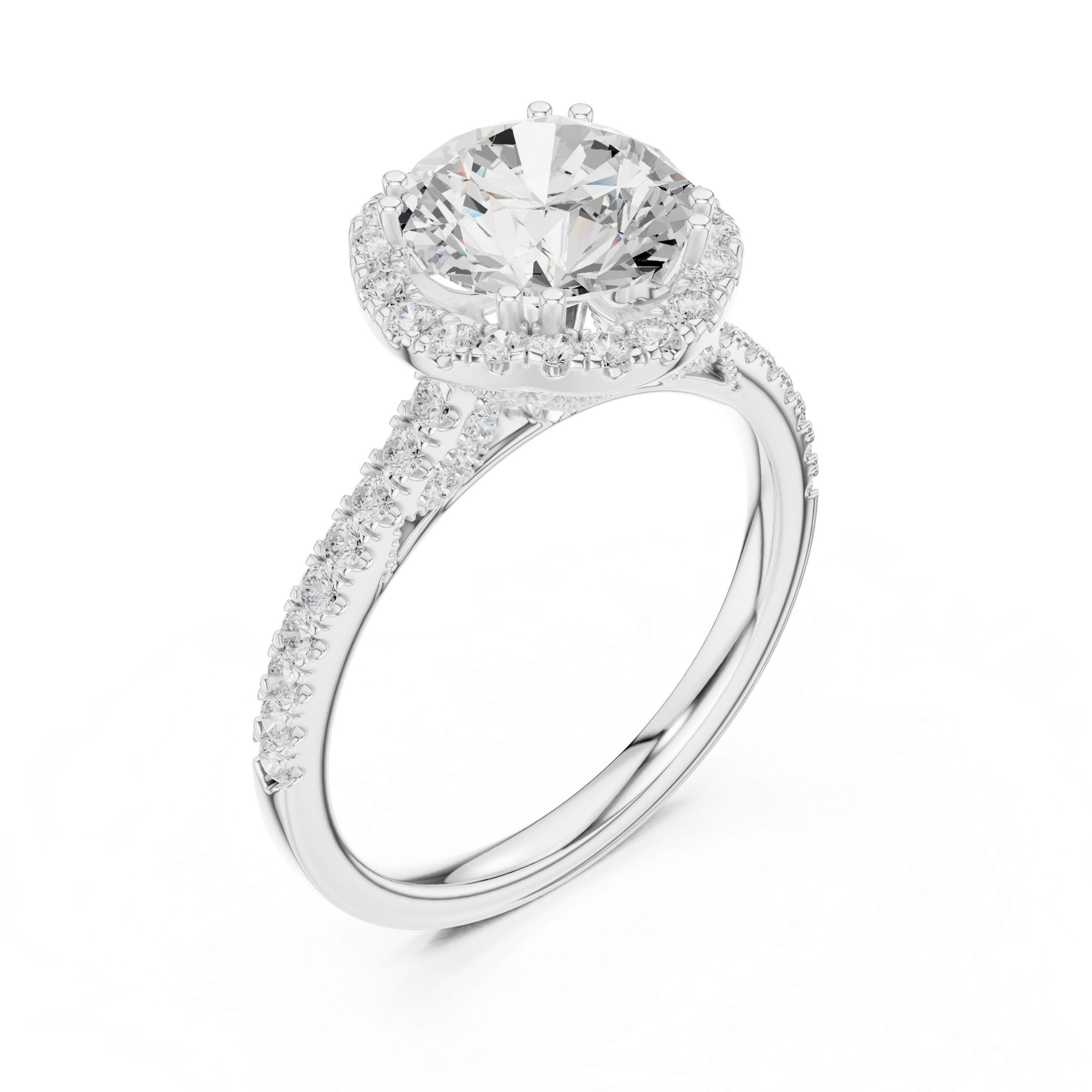 Vintage Round Diamond Halo Engagement Ring with Pavé Band