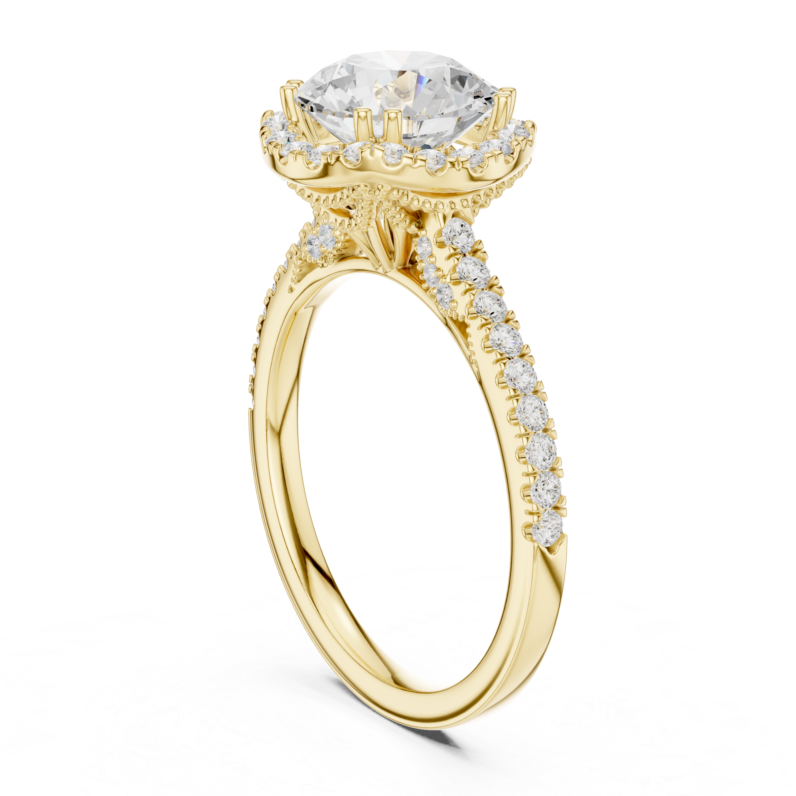 Vintage Round Diamond Halo Engagement Ring with Pavé Band