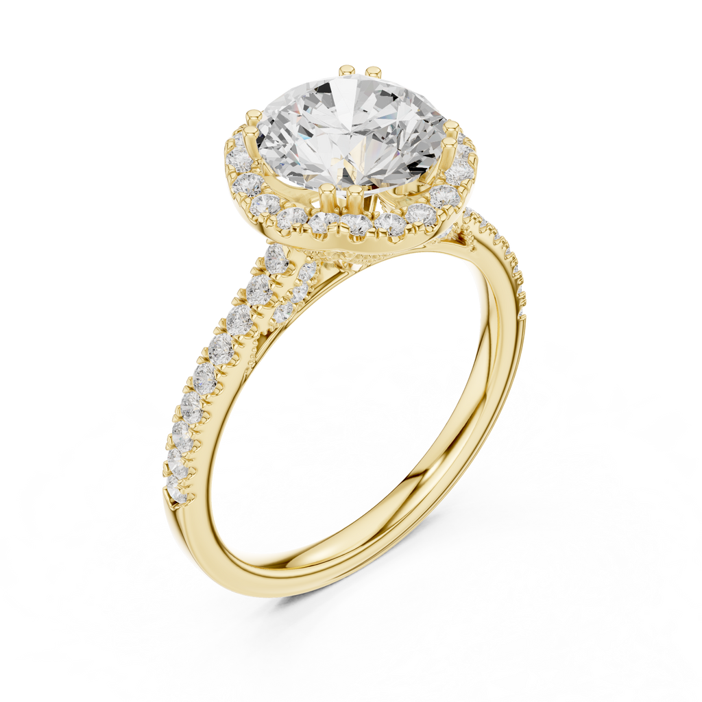 Vintage Round Diamond Halo Engagement Ring with Pavé Band