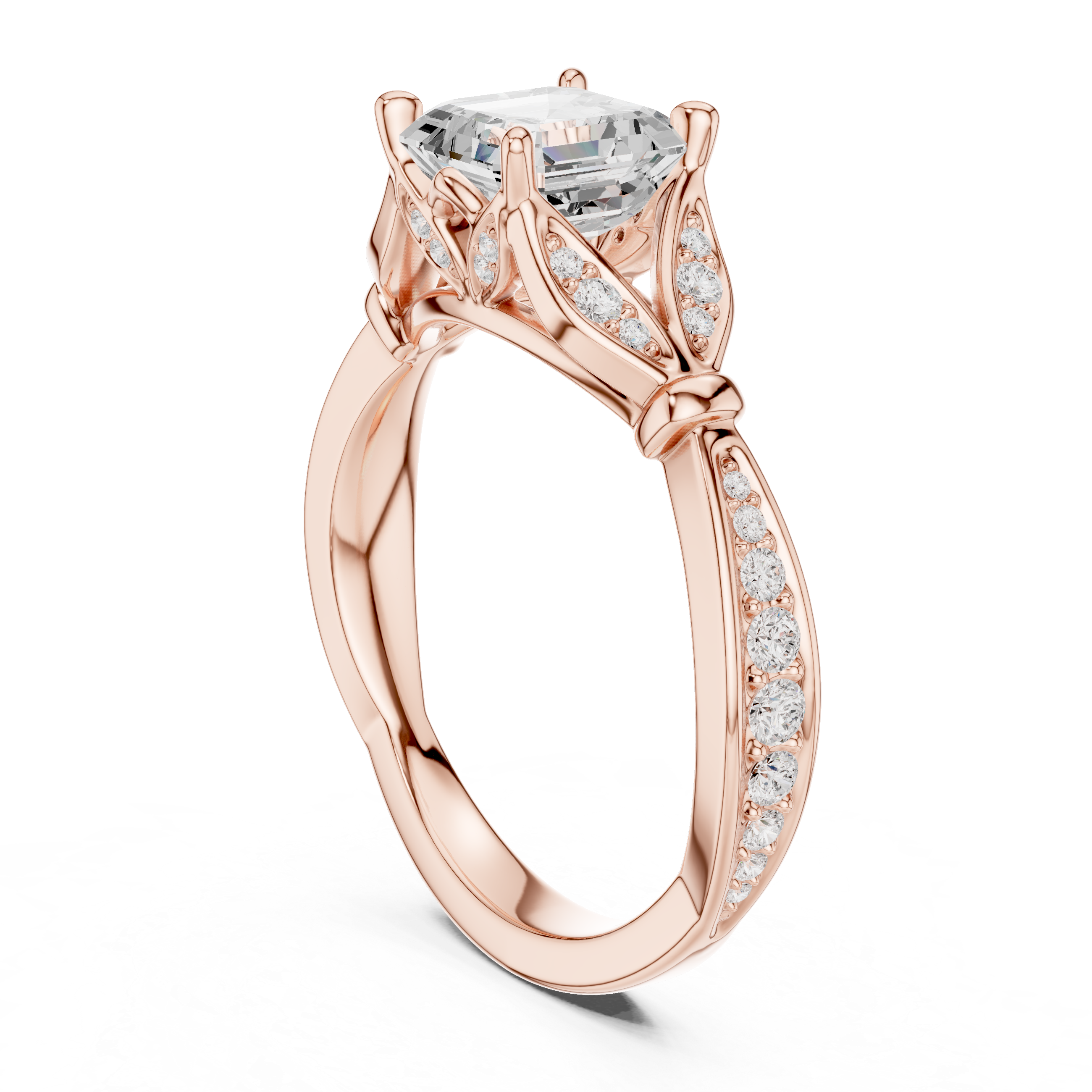 Vintage Asscher Cut Diamond Engagement Ring with Leaf Gallery & Pavé Accents