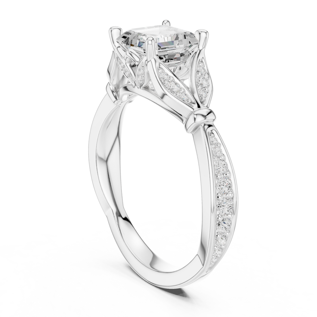 Vintage Asscher Cut Diamond Engagement Ring with Leaf Gallery & Pavé Accents