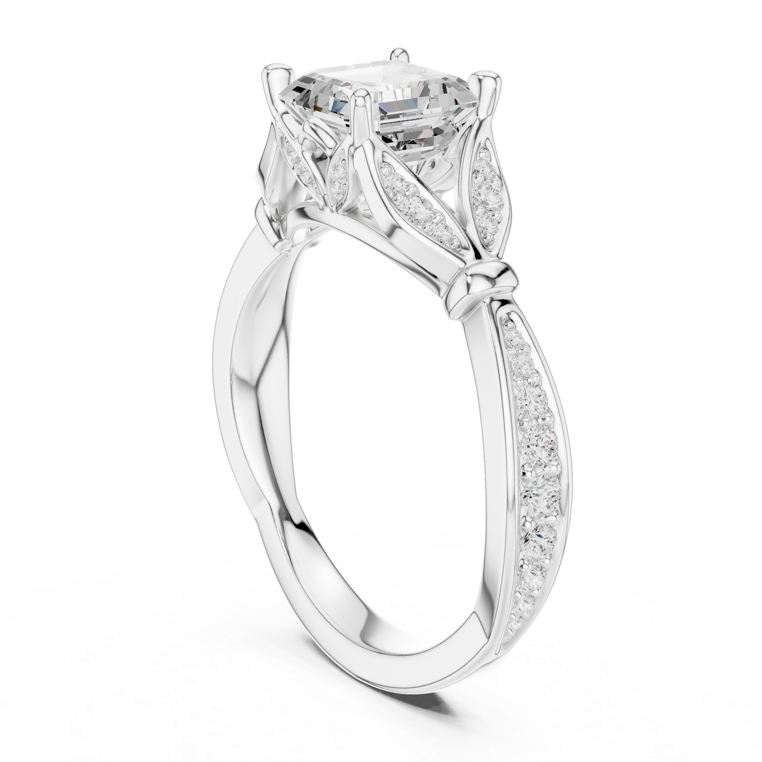 Vintage Asscher Cut Diamond Engagement Ring with Leaf Gallery & Pavé Accents
