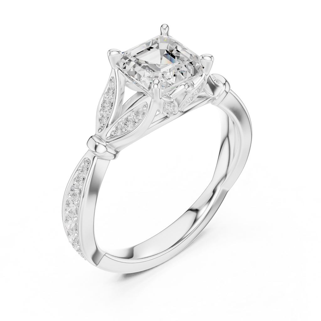 Vintage Asscher Cut Diamond Engagement Ring with Leaf Gallery & Pavé Accents