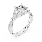 Vintage Asscher Cut Diamond Engagement Ring with Leaf Gallery & Pavé Accents