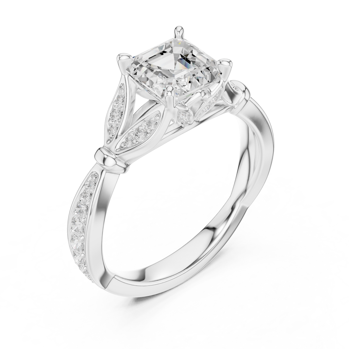 Vintage Asscher Cut Diamond Engagement Ring with Leaf Gallery & – view 3 of 12, lab grown diamond ring | Jewelix Atelier