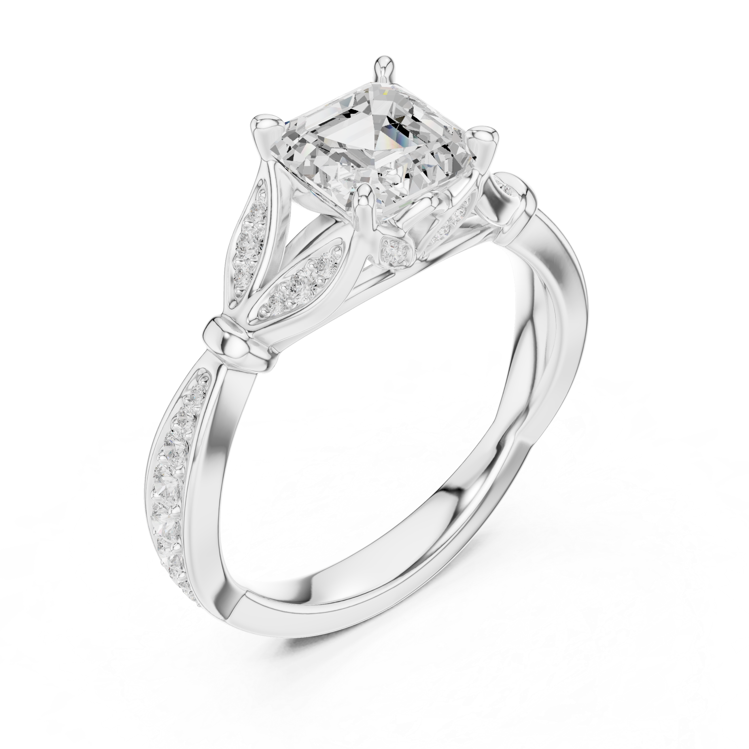 Vintage Asscher Cut Diamond Engagement Ring with Leaf Gallery & Pavé Accents