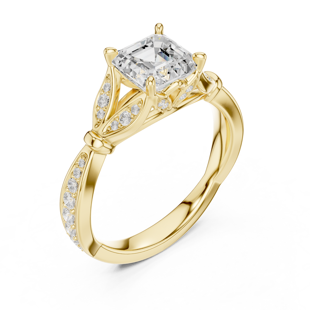 Vintage Asscher Cut Diamond Engagement Ring with Leaf Gallery & Pavé Accents
