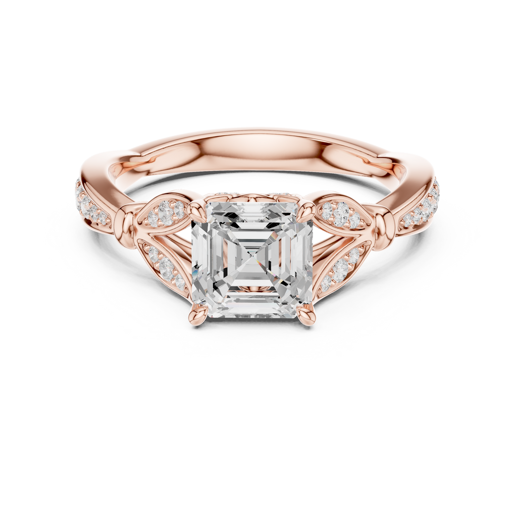 Vintage Asscher Cut Diamond Engagement Ring with Leaf Gallery & Pavé Accents