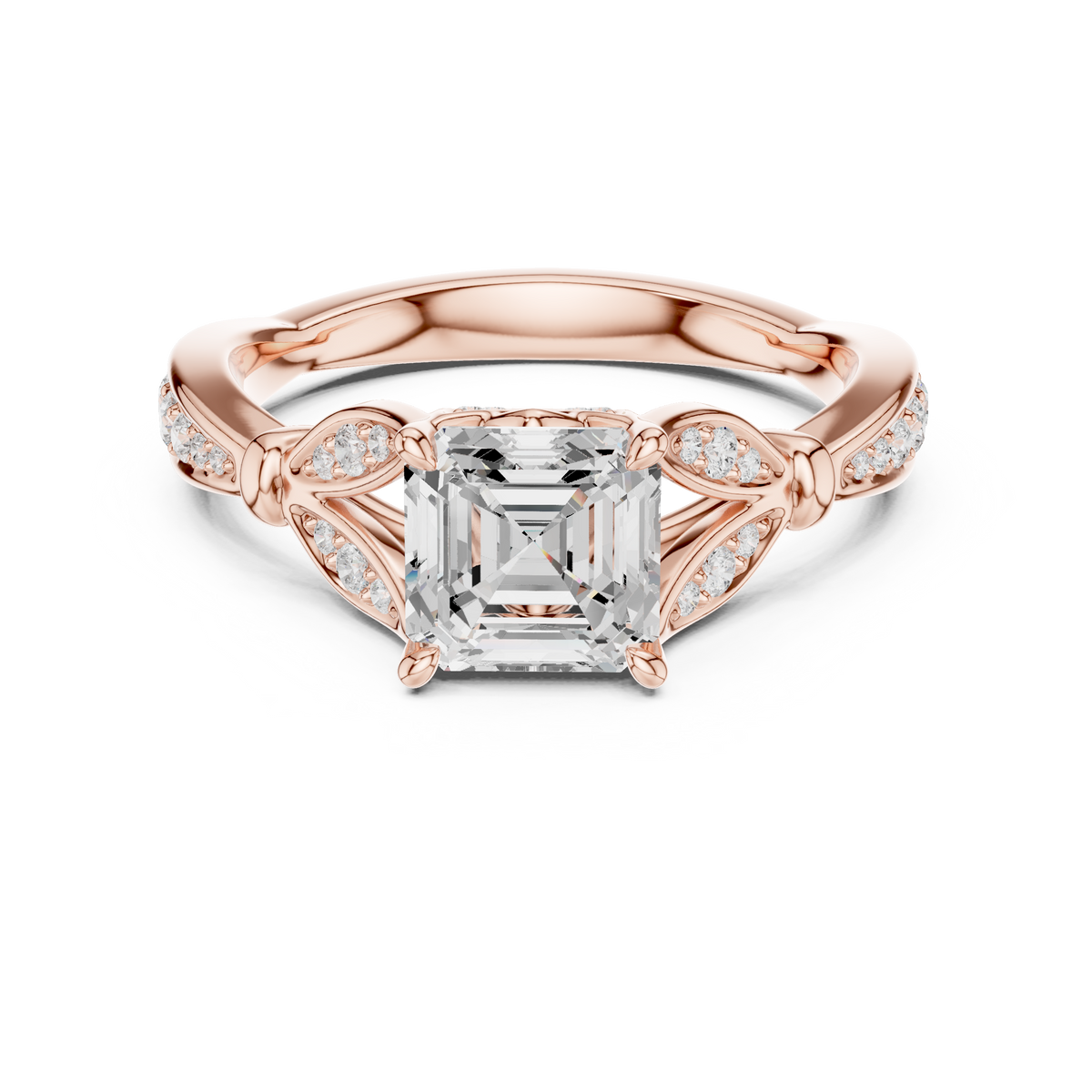 Vintage Asscher Cut Diamond Engagement Ring with Leaf Gallery & – view 5 of 12, lab grown diamond ring | Jewelix Atelier