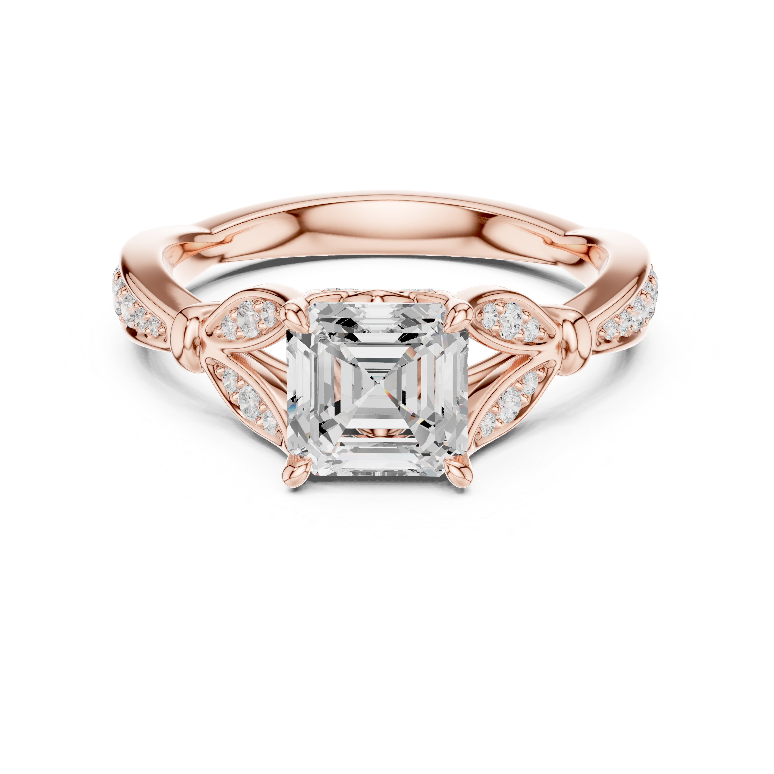 Vintage Asscher Cut Diamond Engagement Ring with Leaf Gallery & Pavé Accents