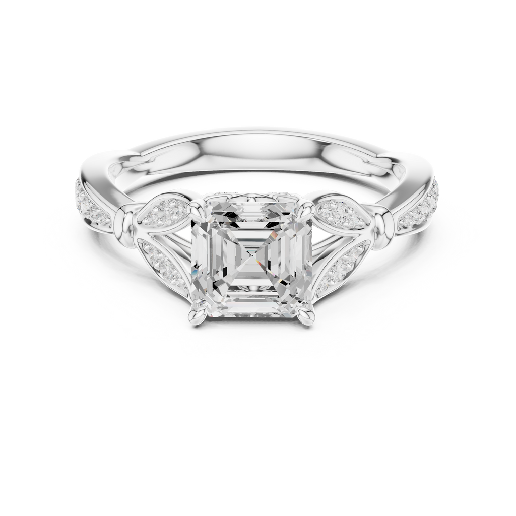 Vintage Asscher Cut Diamond Engagement Ring with Leaf Gallery & Pavé Accents