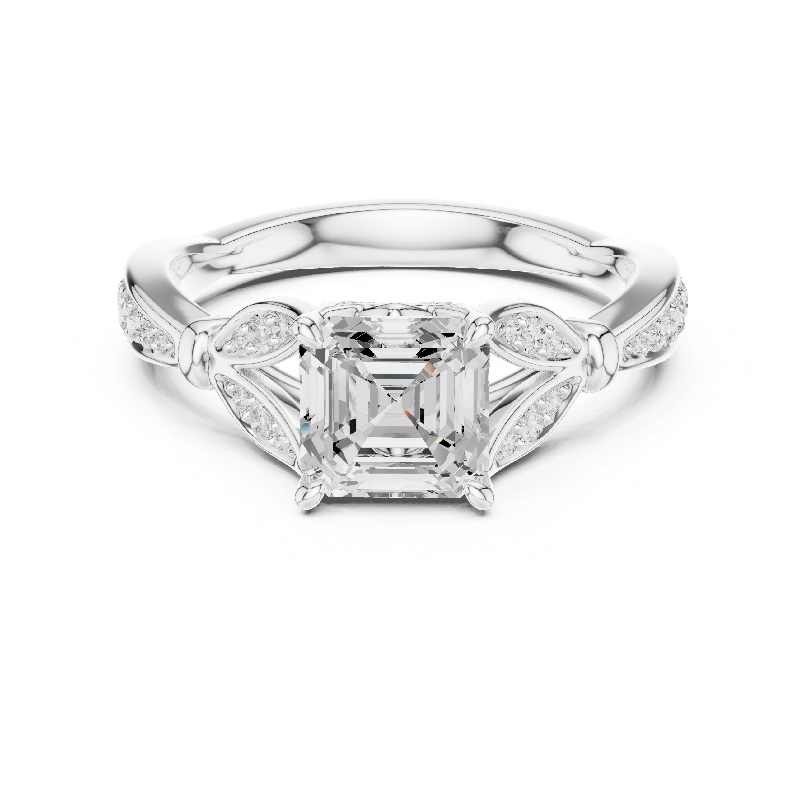 Vintage Asscher Cut Diamond Engagement Ring with Leaf Gallery & Pavé Accents