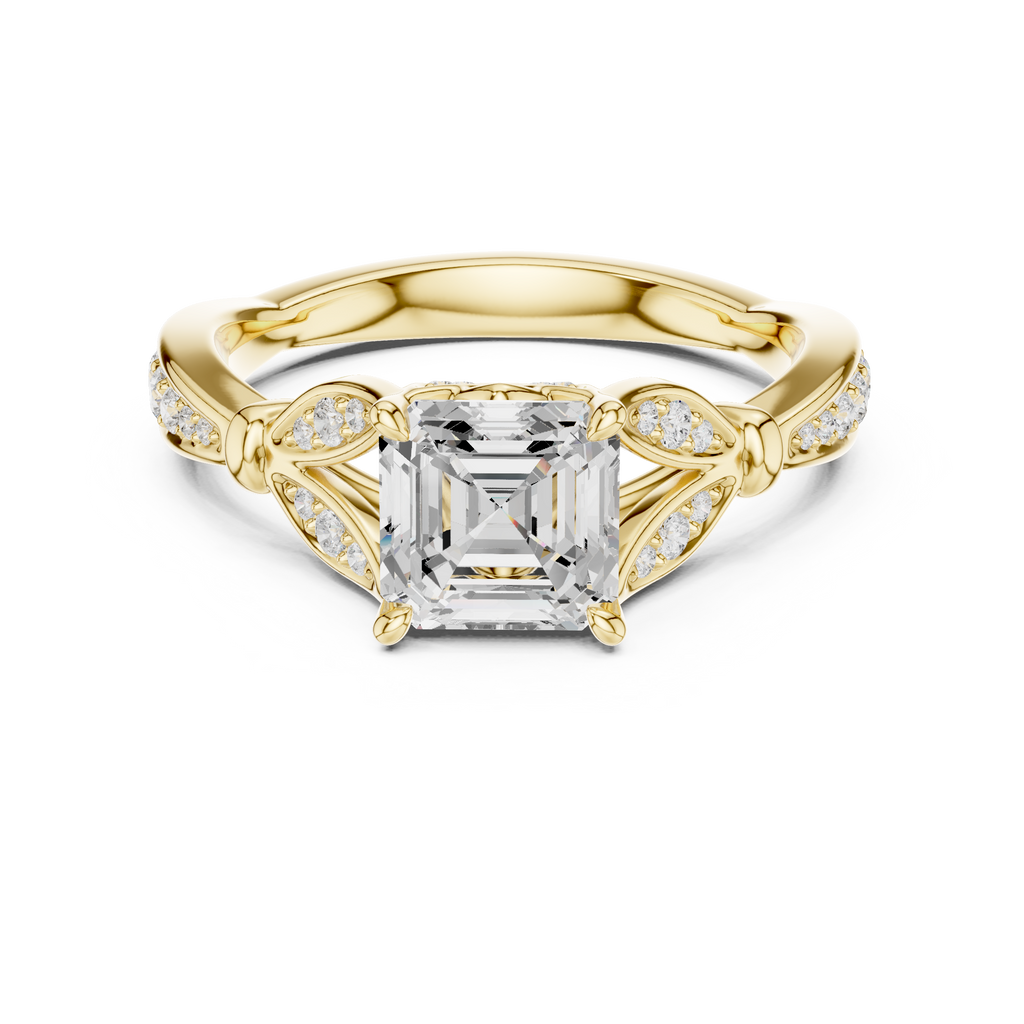 Vintage Asscher Cut Diamond Engagement Ring with Leaf Gallery & Pavé Accents