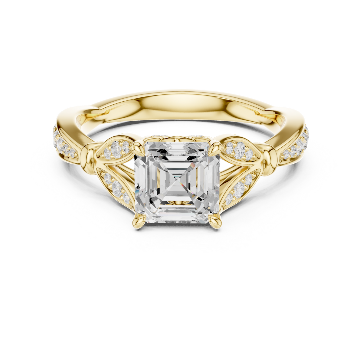 Vintage Asscher Cut Diamond Engagement Ring with Leaf Gallery & – view 9 of 12, lab grown diamond ring | Jewelix Atelier