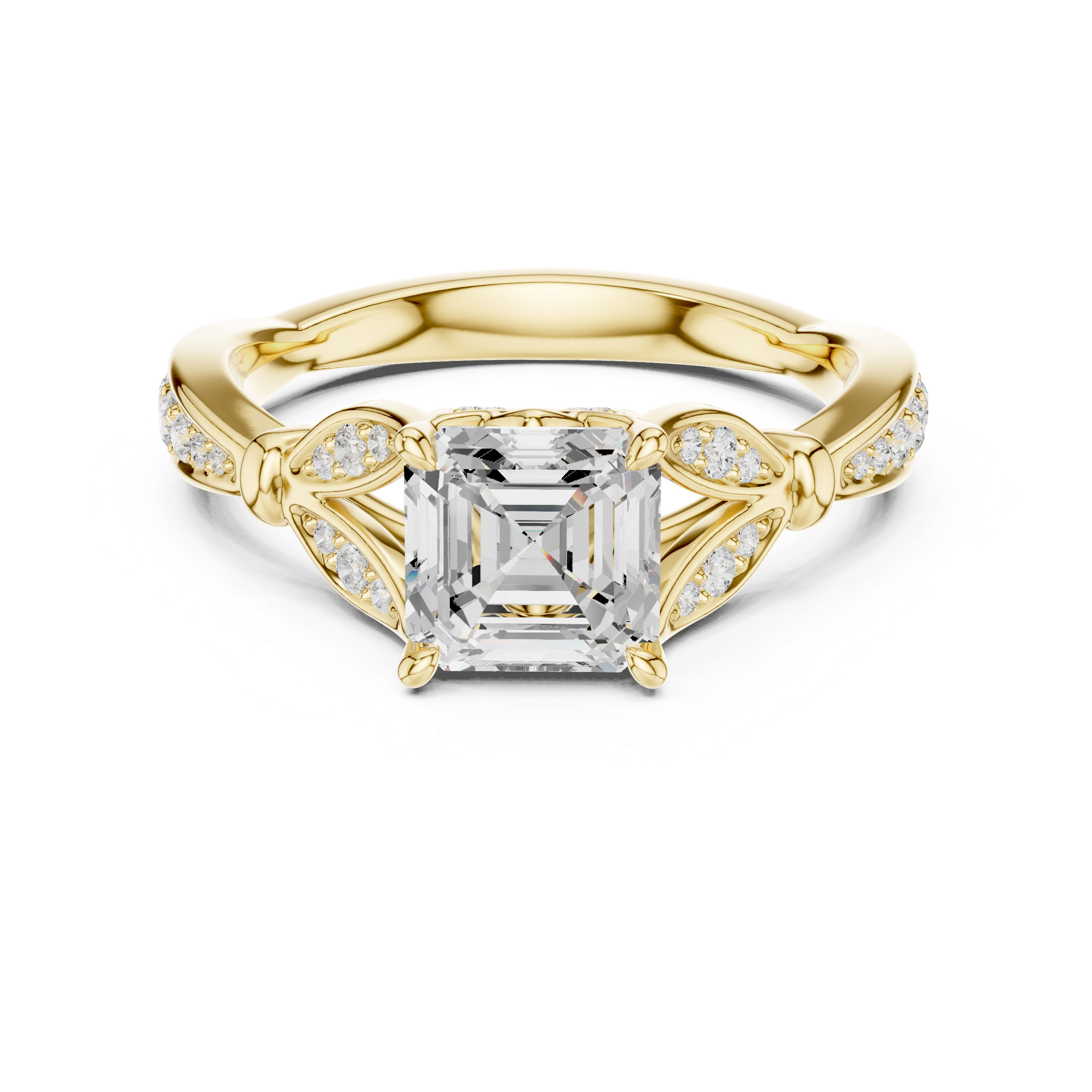 Vintage Asscher Cut Diamond Engagement Ring with Leaf Gallery & Pavé Accents