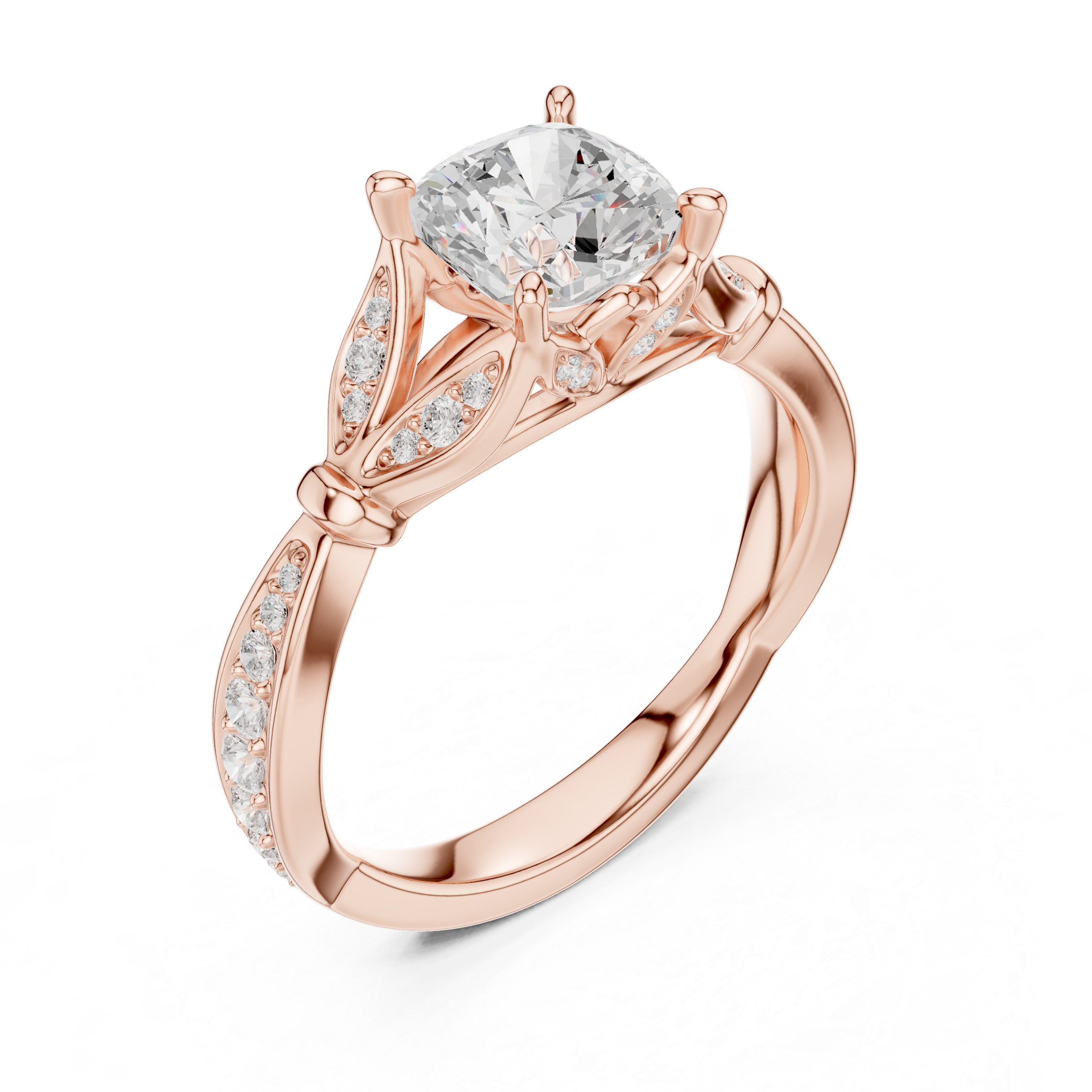 Vintage Cushion Cut Diamond Engagement Ring with Floral Leaf Gallery