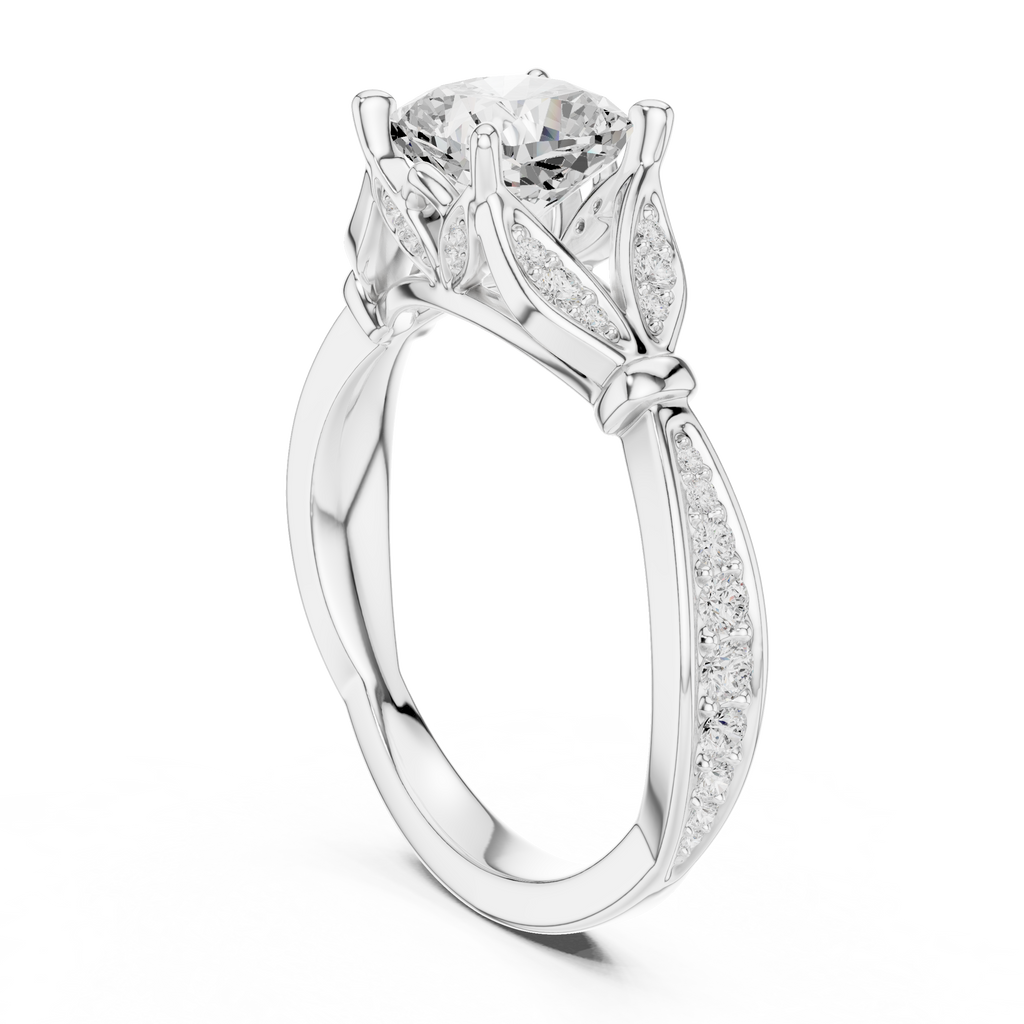 Vintage Cushion Cut Diamond Engagement Ring with Floral Leaf Gallery