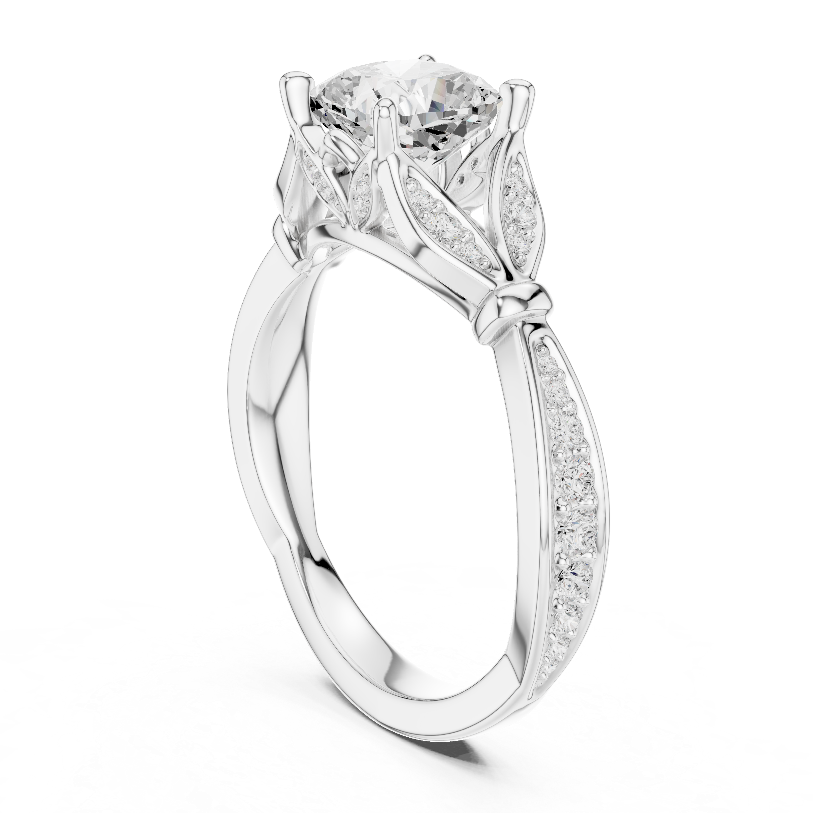 Vintage Cushion Cut Diamond Engagement Ring with Floral Leaf Gallery