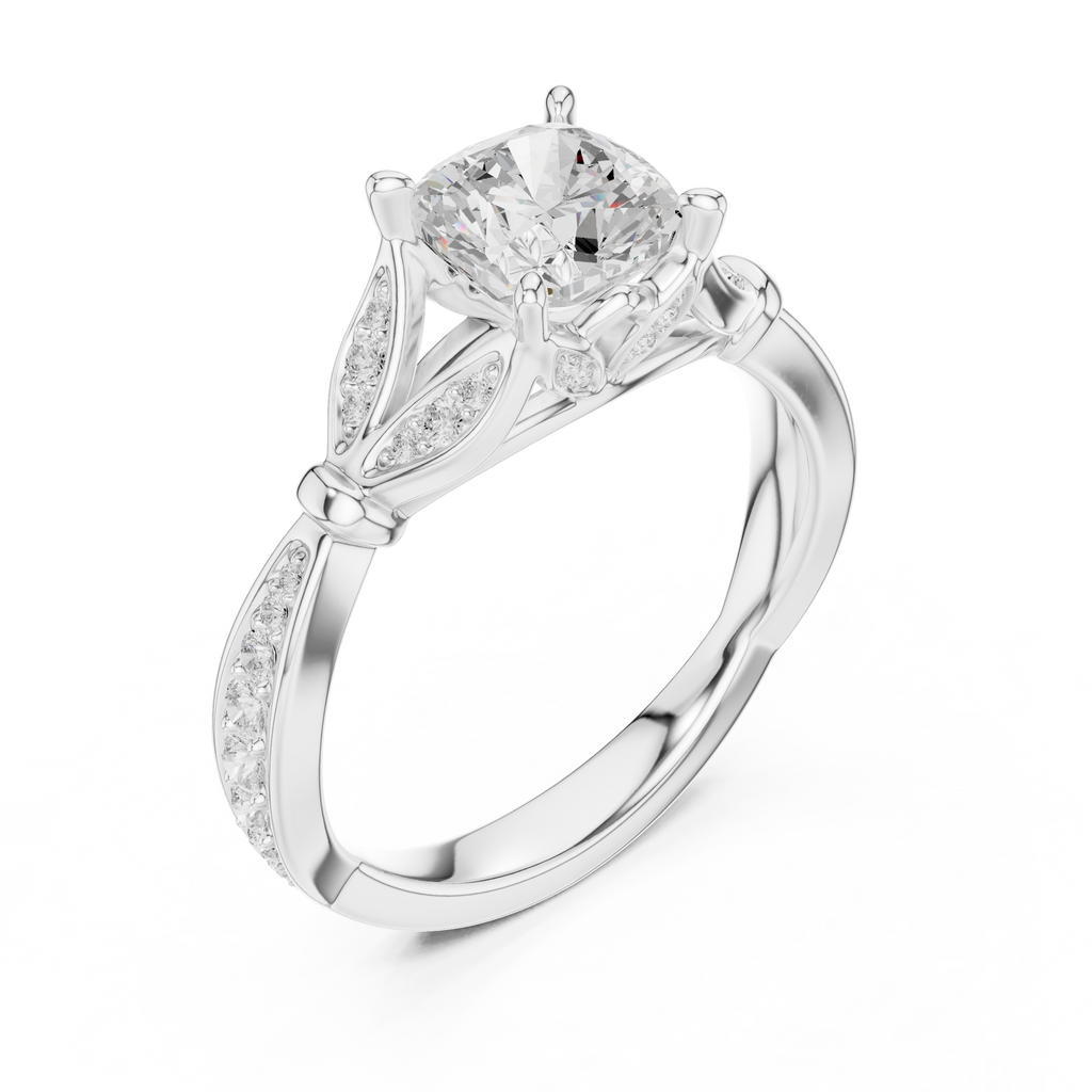 Vintage Cushion Cut Diamond Engagement Ring with Floral Leaf Gallery