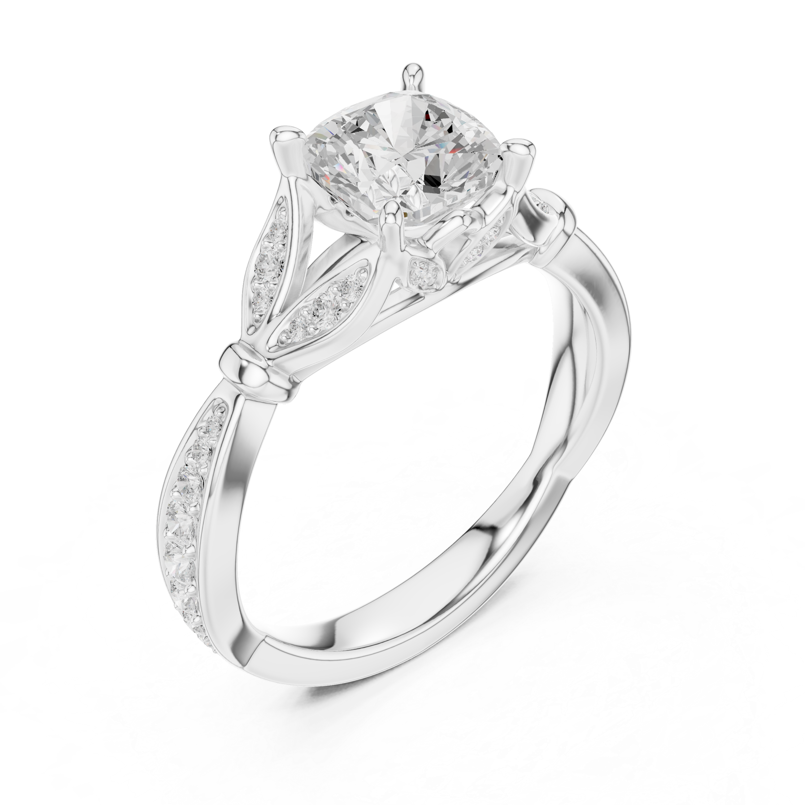 Vintage Cushion Cut Diamond Engagement Ring with Floral Leaf Gallery