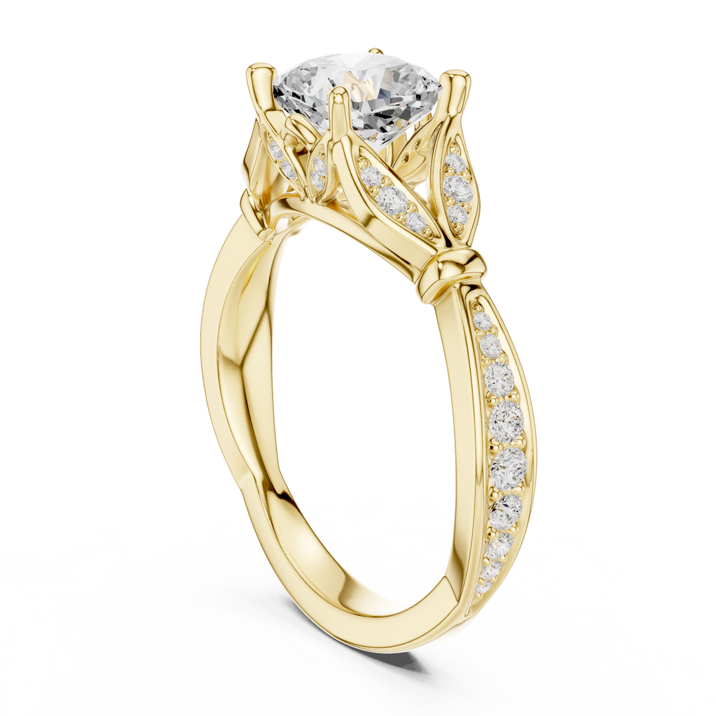 Vintage Cushion Cut Diamond Engagement Ring with Floral Leaf Gallery