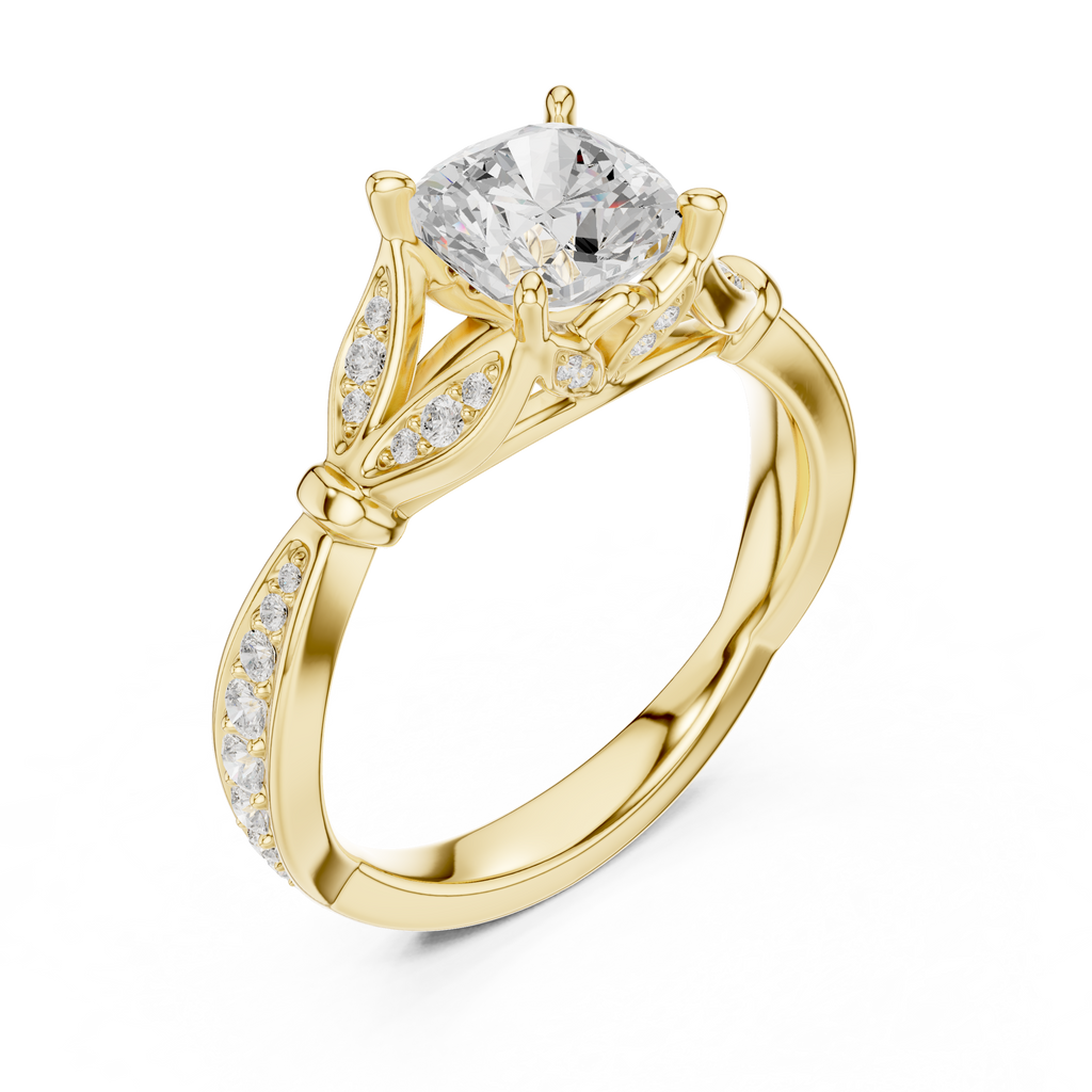 Vintage Cushion Cut Diamond Engagement Ring with Floral Leaf Gallery