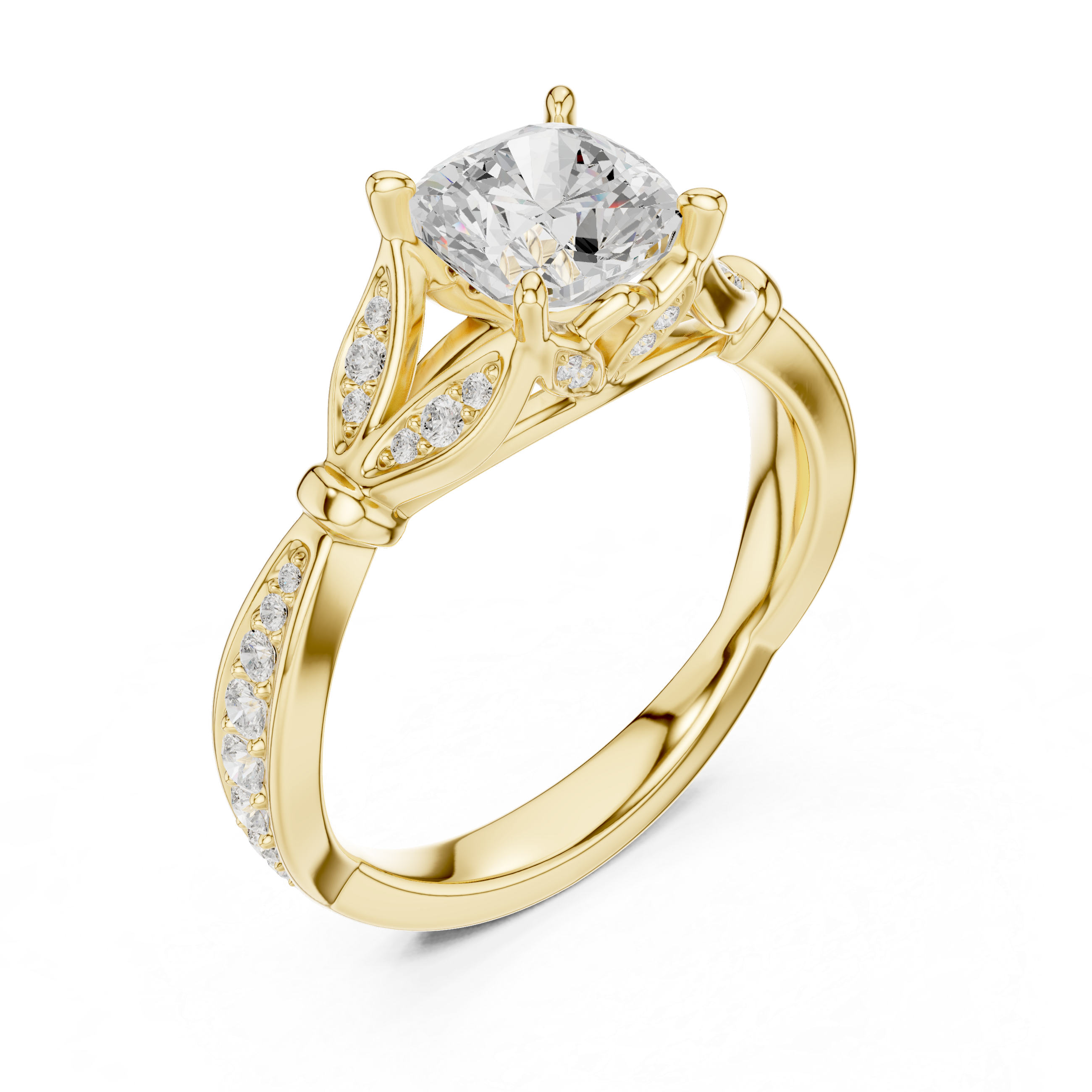 Vintage Cushion Cut Diamond Engagement Ring with Floral Leaf Gallery
