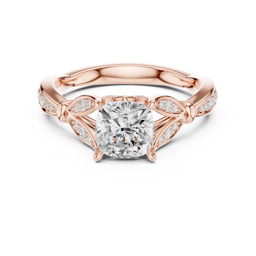 Vintage Cushion Cut Diamond Engagement Ring with Floral Leaf Gallery