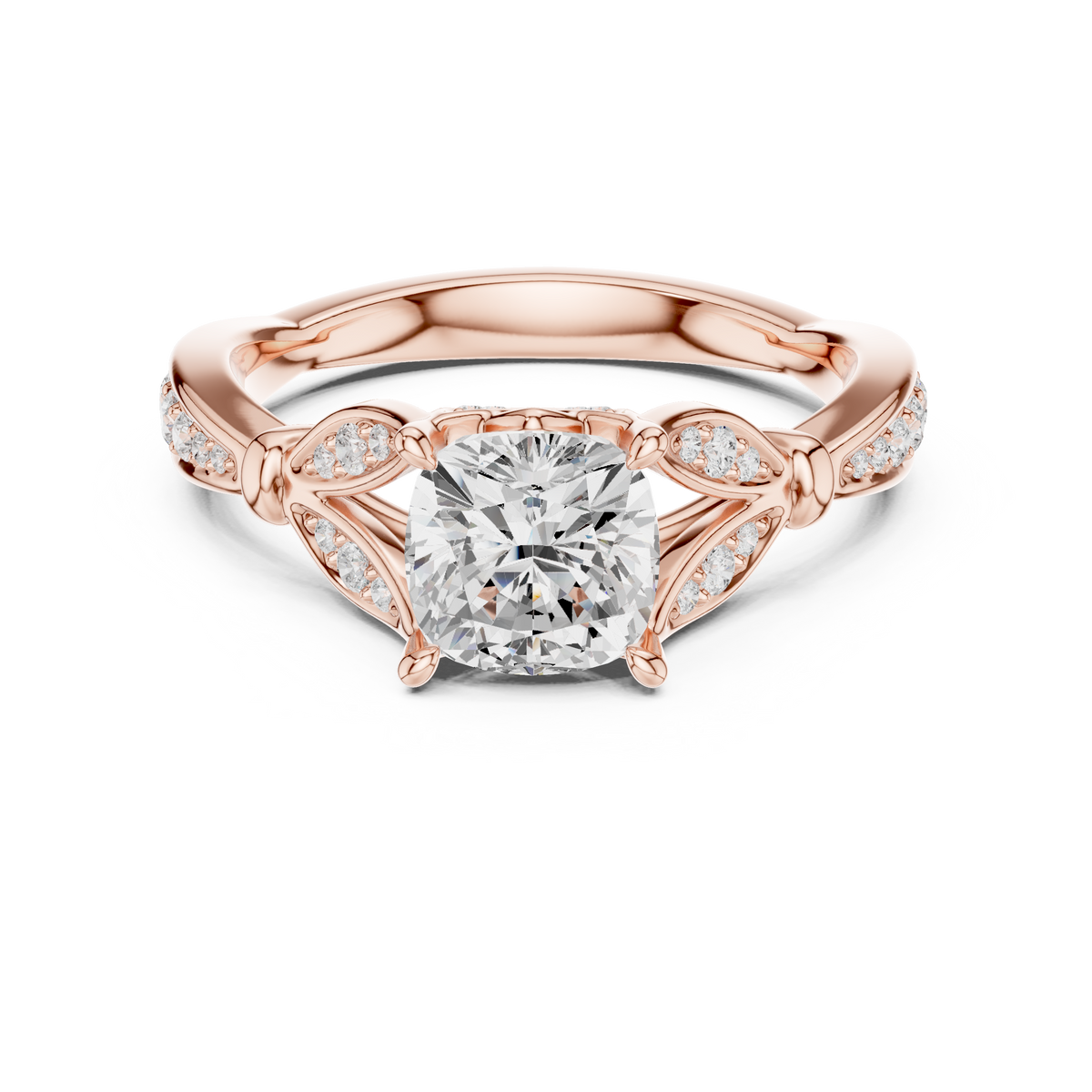 Vintage Cushion Cut Diamond Engagement Ring with Floral Leaf Gallery – view 5 of 12, lab grown diamond ring | Jewelix Atelier