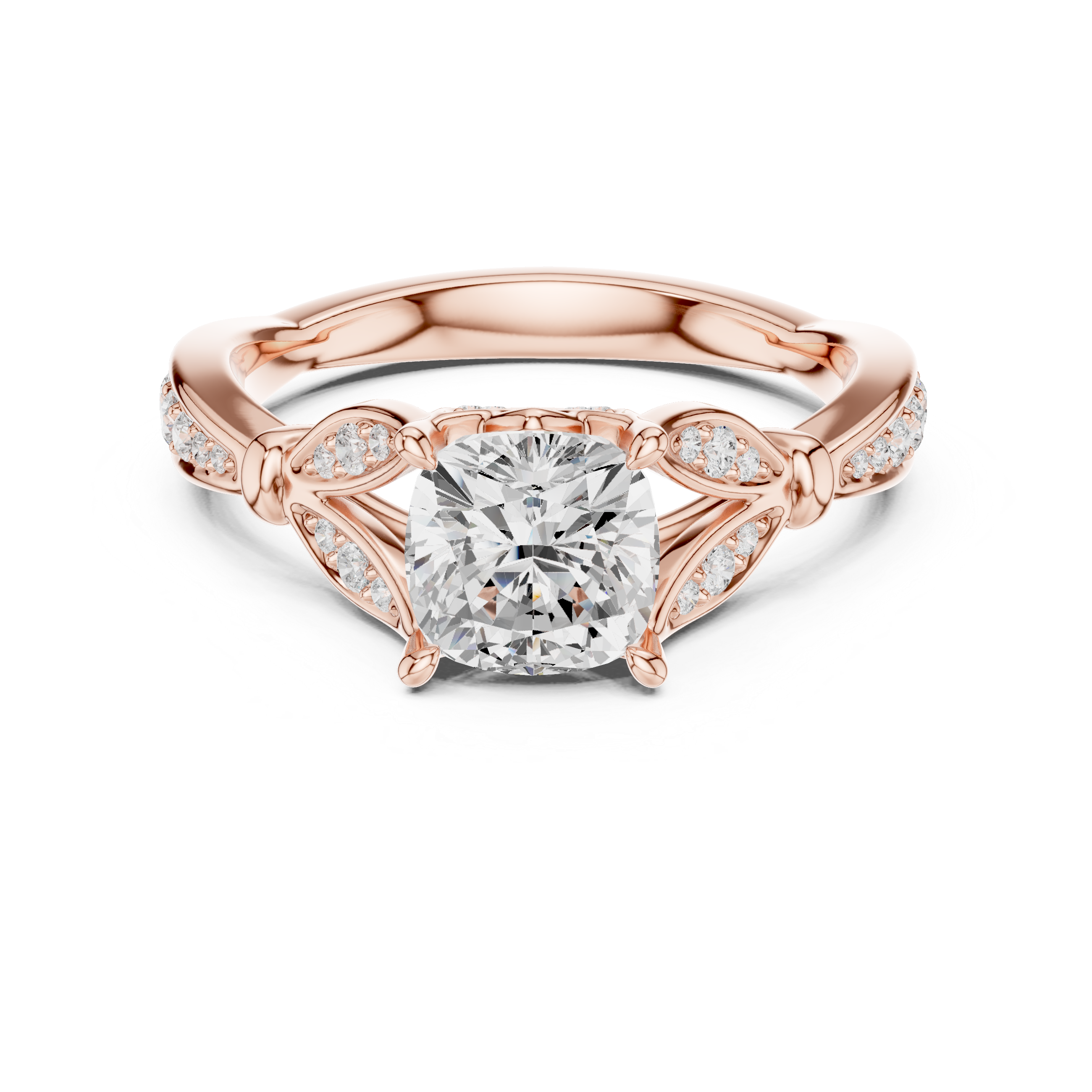 Vintage Cushion Cut Diamond Engagement Ring with Floral Leaf Gallery