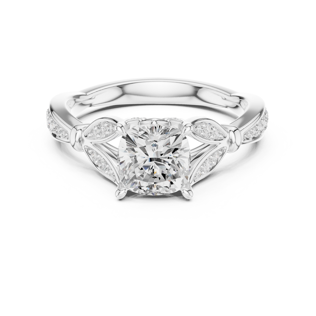 Vintage Cushion Cut Diamond Engagement Ring with Floral Leaf Gallery