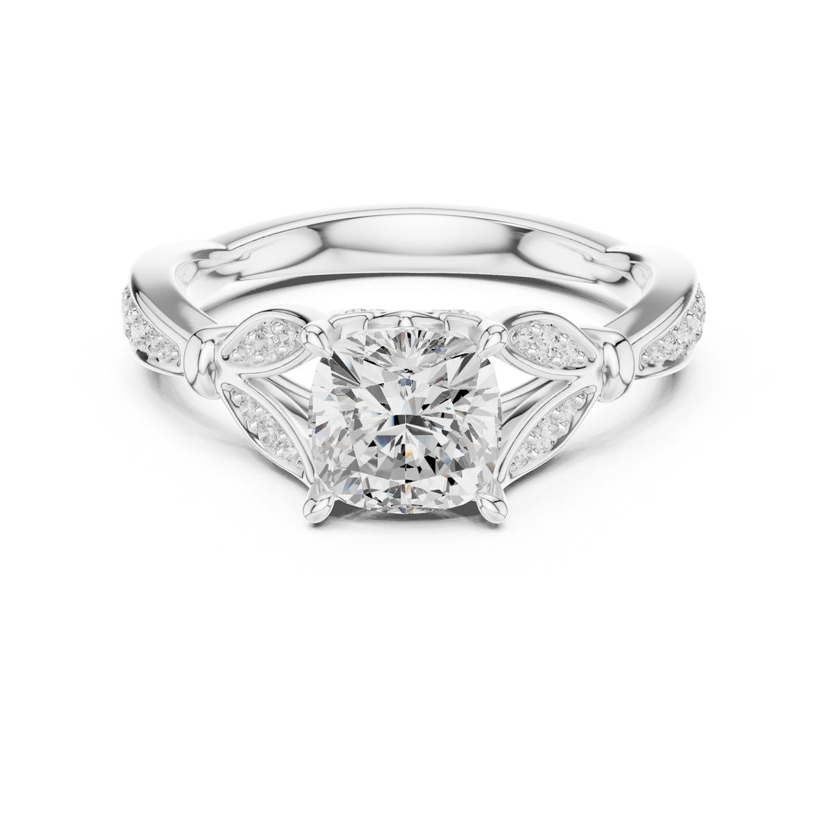 Vintage Cushion Cut Diamond Engagement Ring with Floral Leaf Gallery — Jewelix Atelier