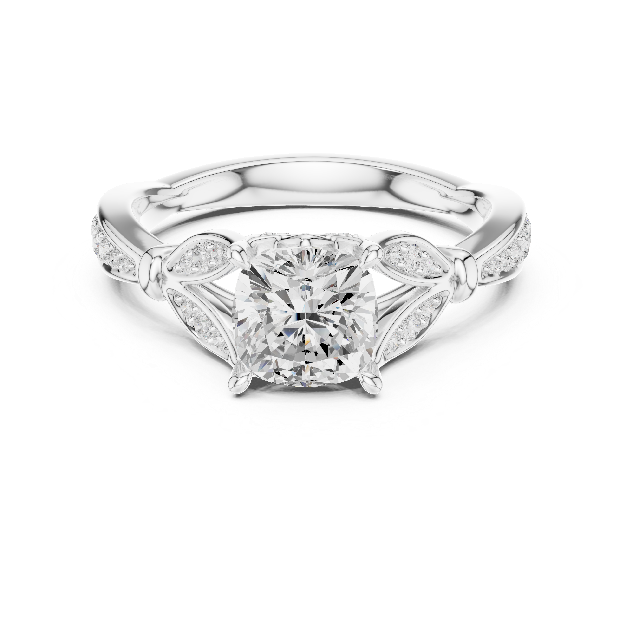 Vintage Cushion Cut Diamond Engagement Ring with Floral Leaf Gallery