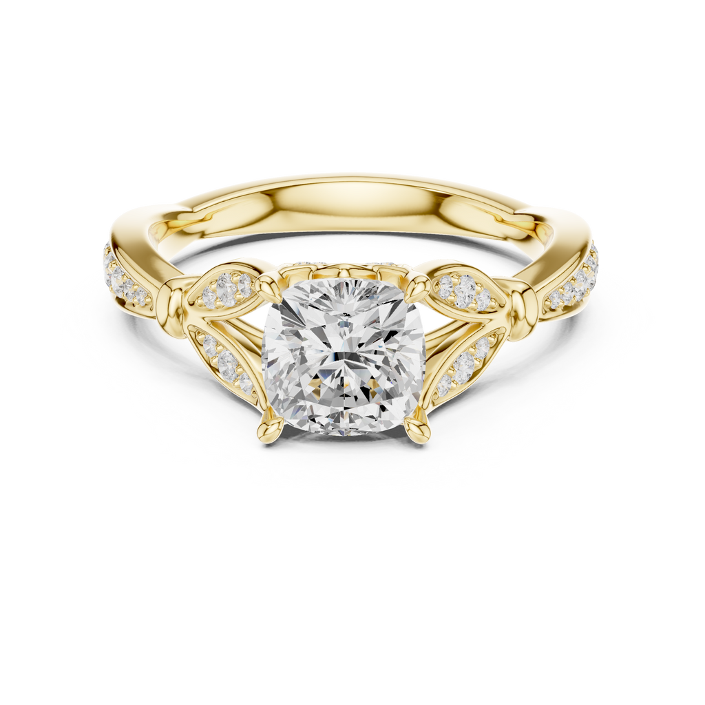 Vintage Cushion Cut Diamond Engagement Ring with Floral Leaf Gallery
